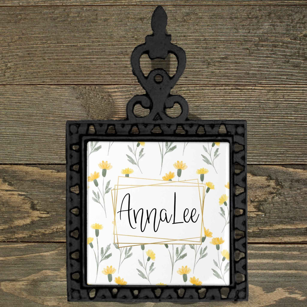 Personalized Iron Trivet | Custom Kitchen Gifts | Yellow Watercolor Flowers