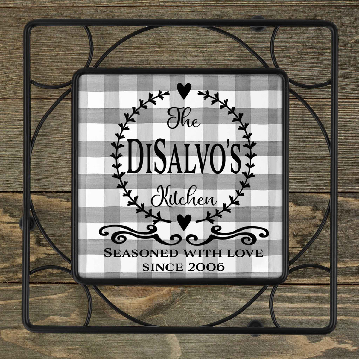 Personalized Iron Trivet | Custom Kitchen Gifts | Seasoned with Love Black and White