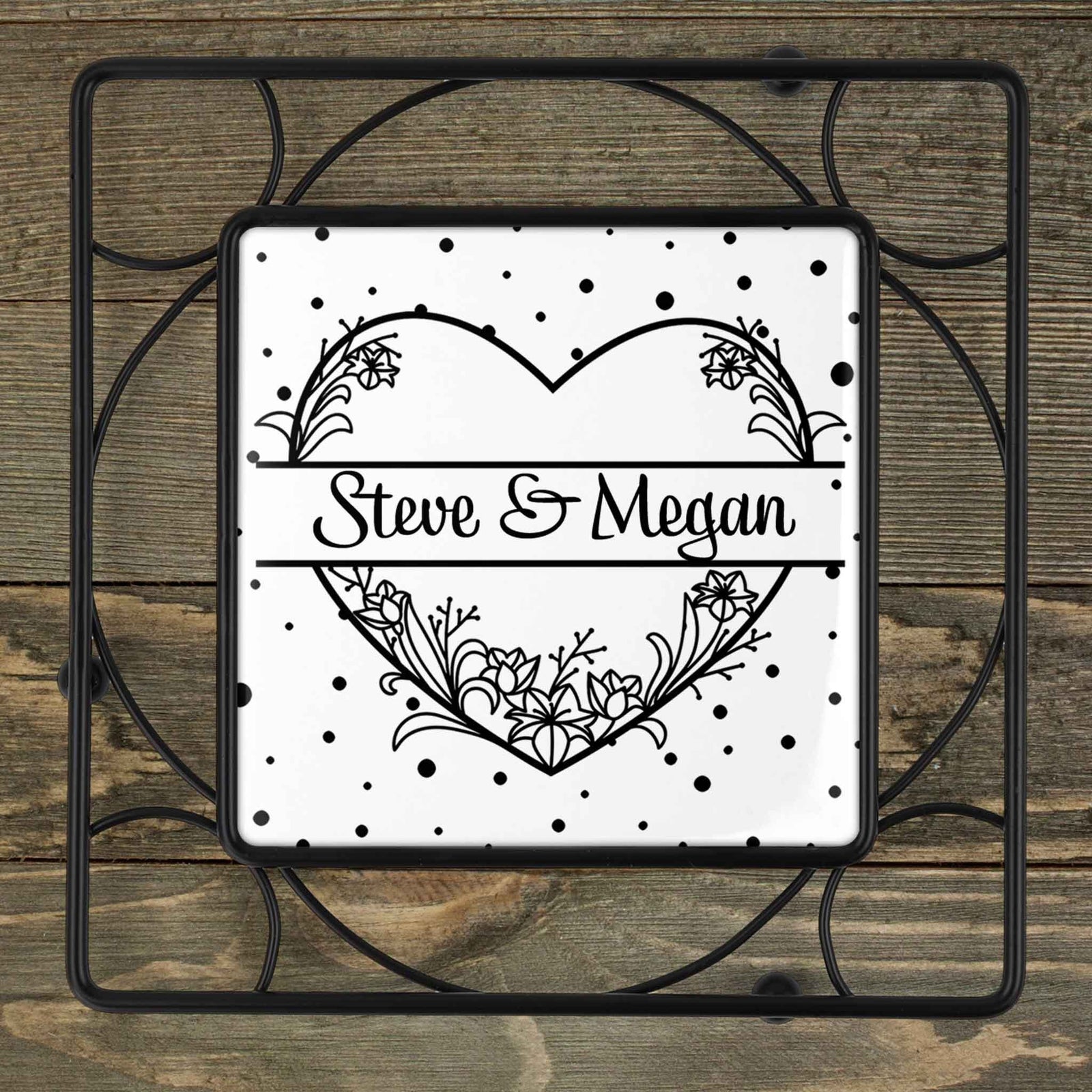 Personalized Iron Trivet | Custom Kitchen Gifts | Floral Heart Monogram