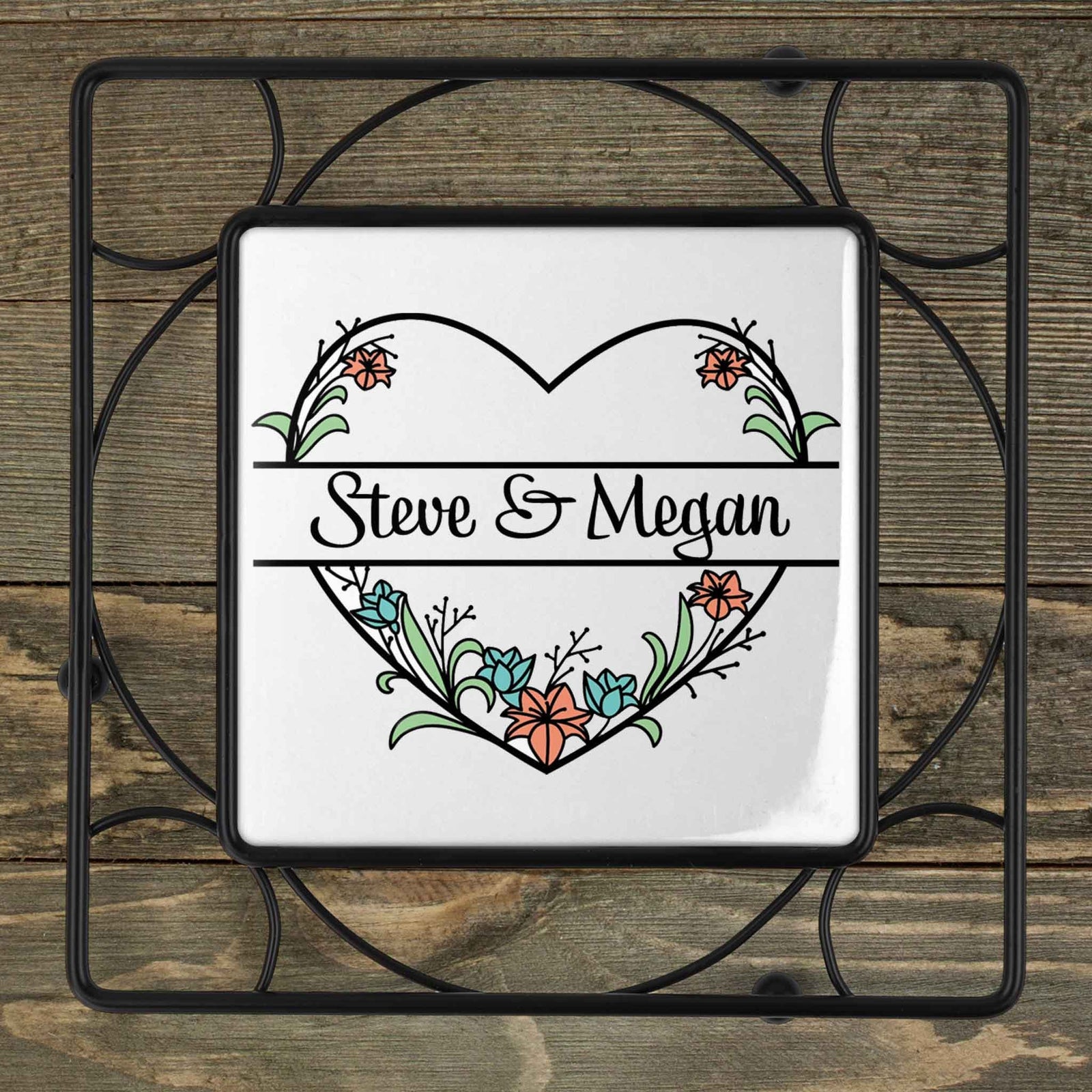 Personalized Iron Trivet | Custom Kitchen Gifts | Floral Pastel Heart Monogram