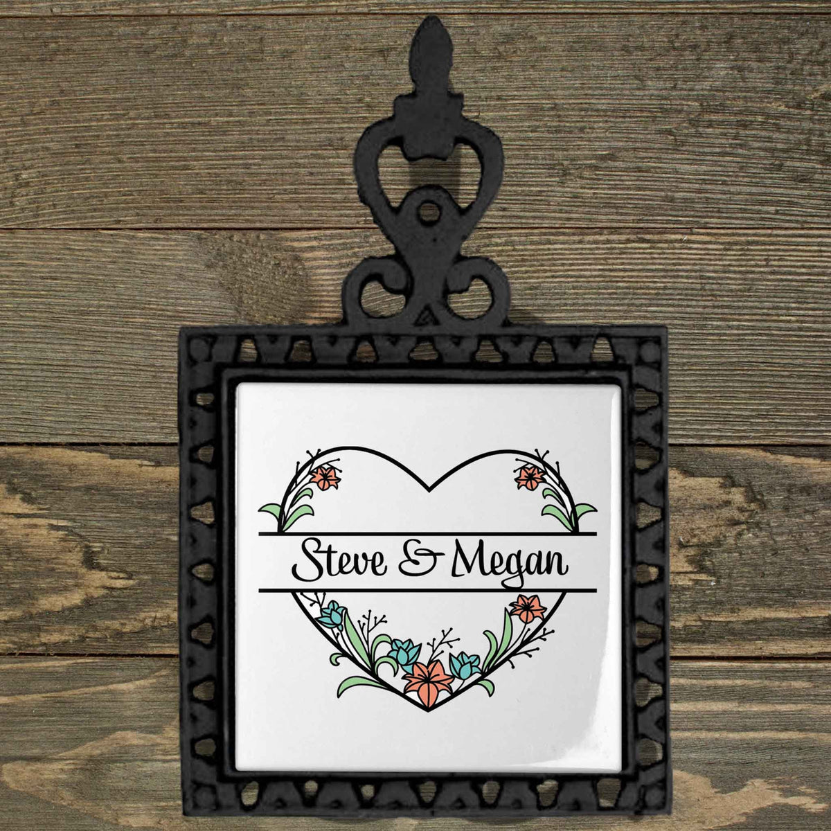 Personalized Iron Trivet | Custom Kitchen Gifts | Floral Pastel Heart Monogram