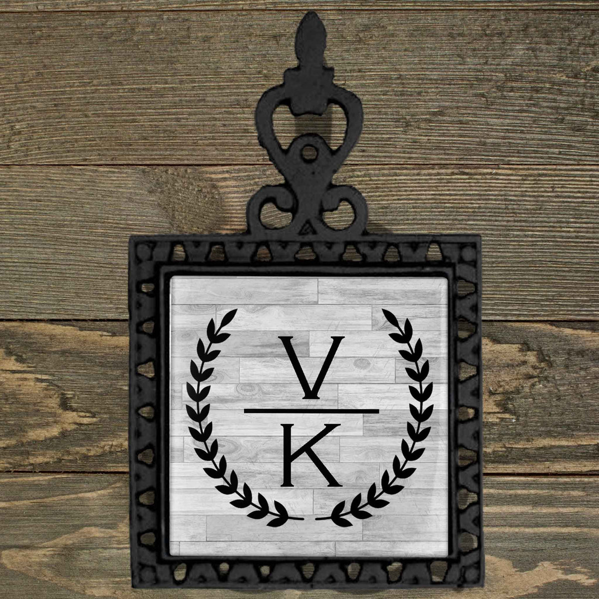 Personalized Iron Trivet | Custom Kitchen Gifts | Laurel Wreath Stacked Initials