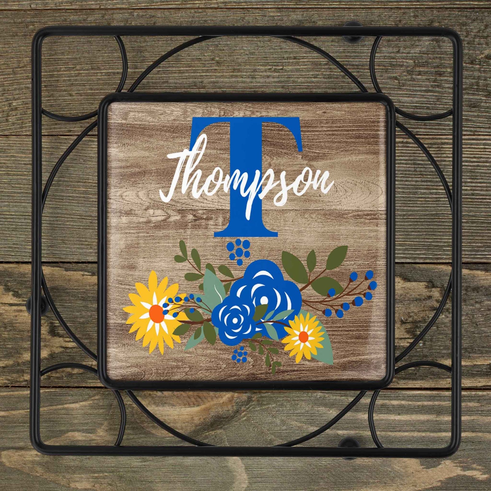 Personalized Iron Trivet | Custom Kitchen Gifts | Faux Wood Sunflower