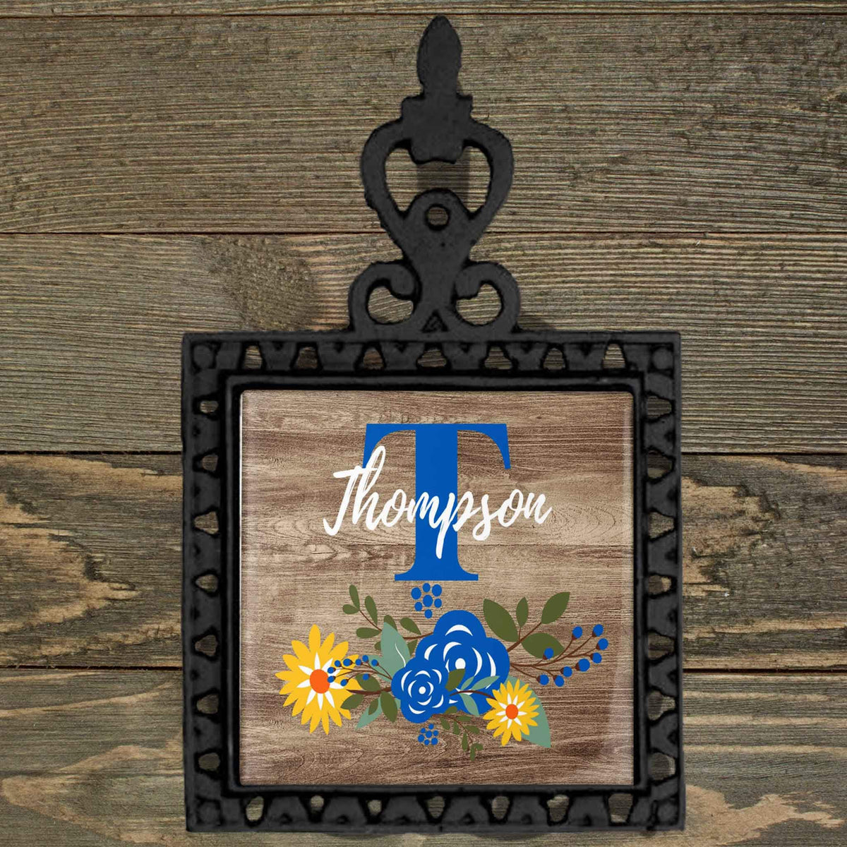 Personalized Iron Trivet | Custom Kitchen Gifts | Faux Wood Sunflower