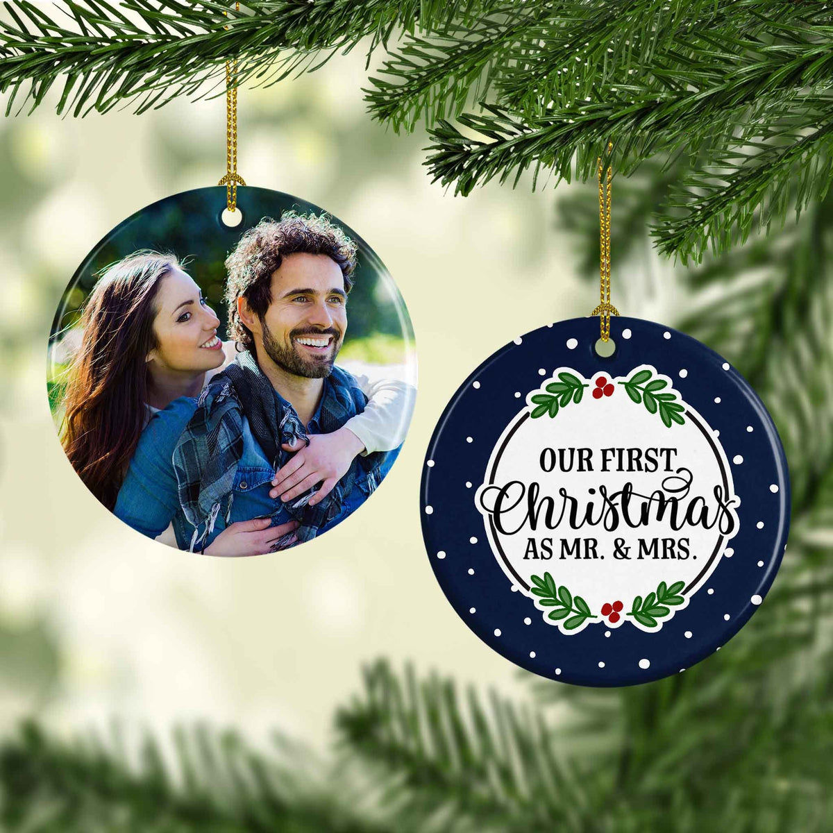 Photo Holiday Ornaments | Personalized Christmas Ornaments | First Christmas as Mr and Mrs Round