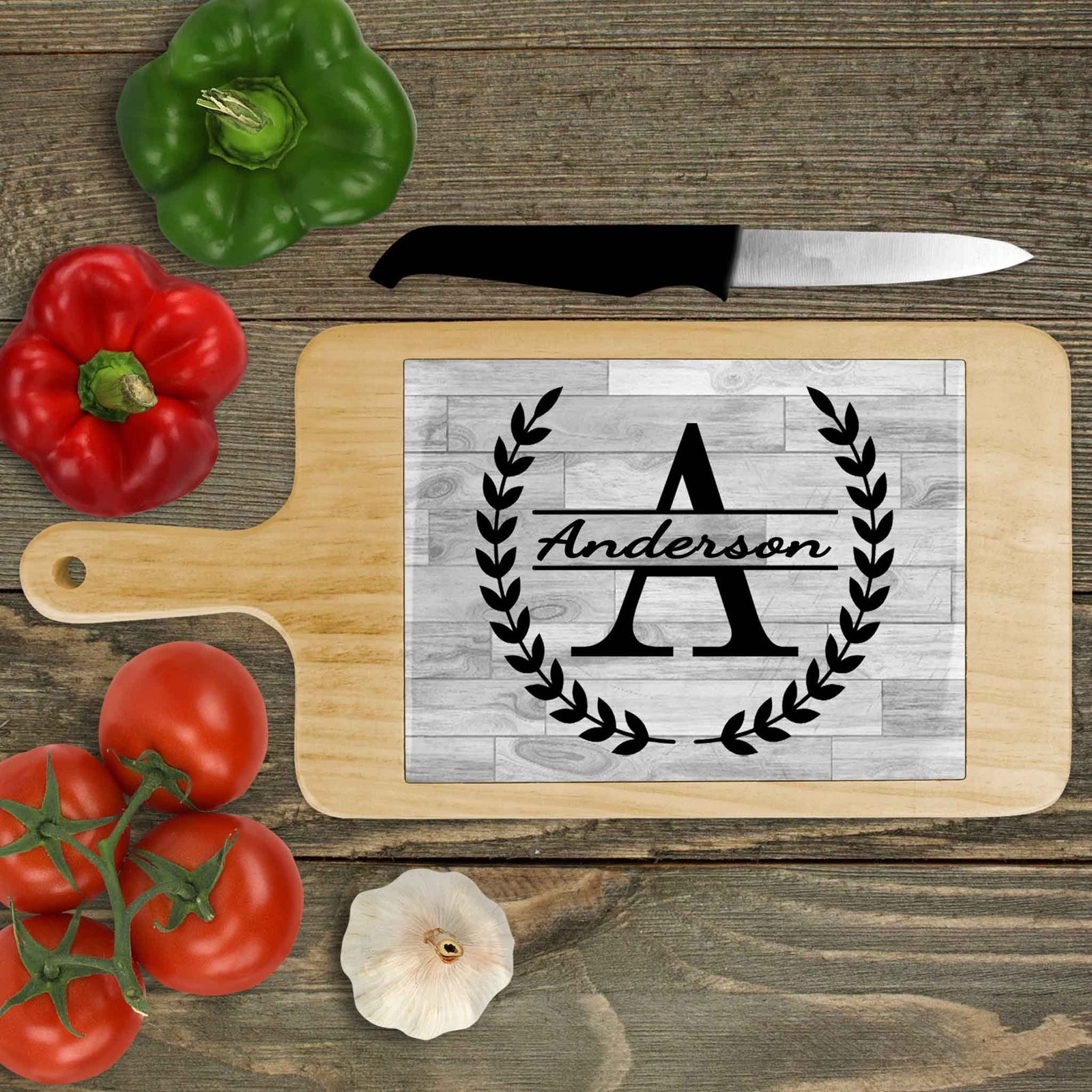 Personalized Wood Cheeseboard | Custom Wine Accessories | Laurel Wreath Split Monogram