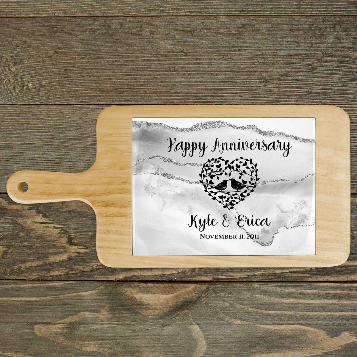 Personalized Wood Cheeseboard | Custom Wine Accessories | Happy Anniversary Silver Agate