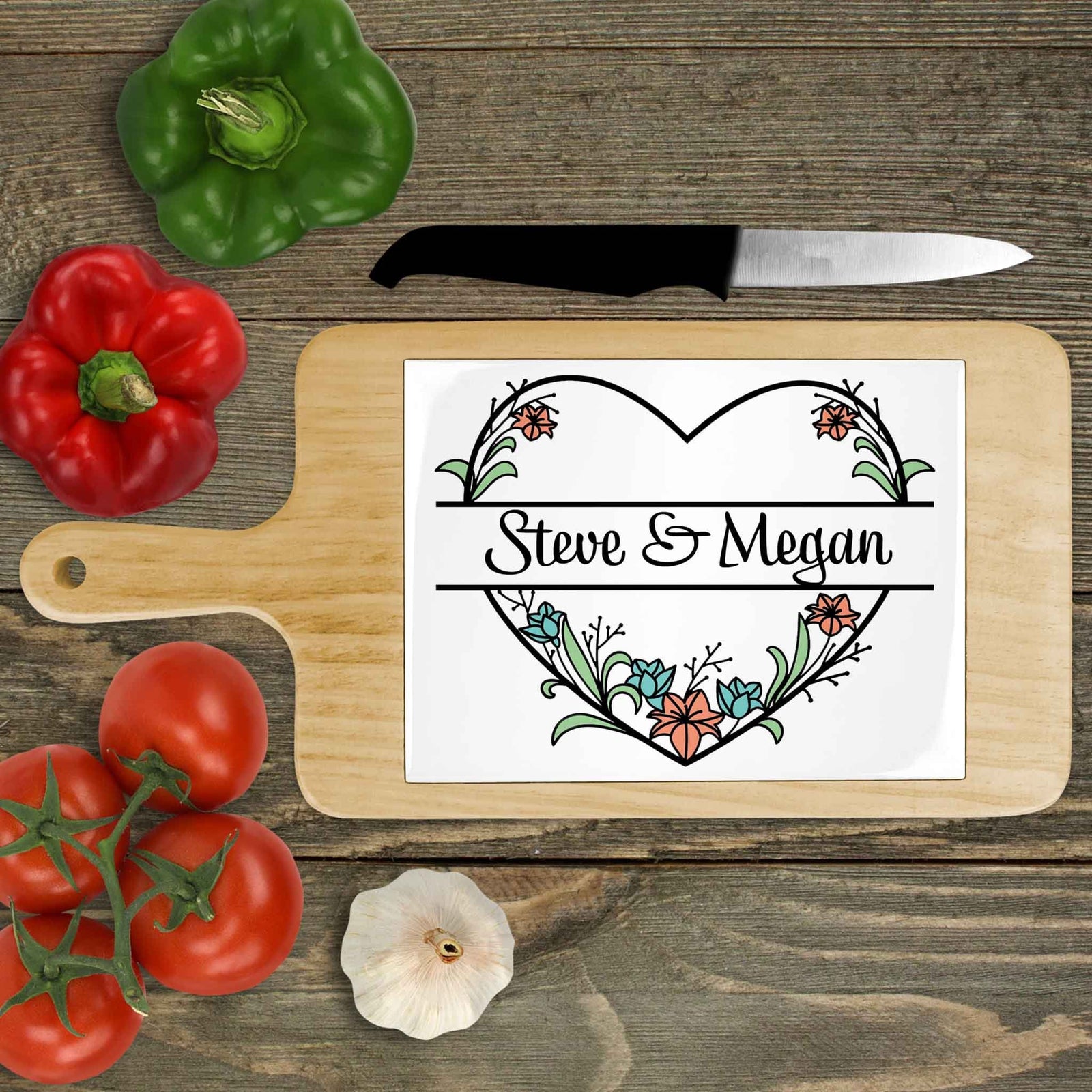 Personalized Wood Cheeseboard | Custom Wine Accessories | Floral Heart Pastel Monogram