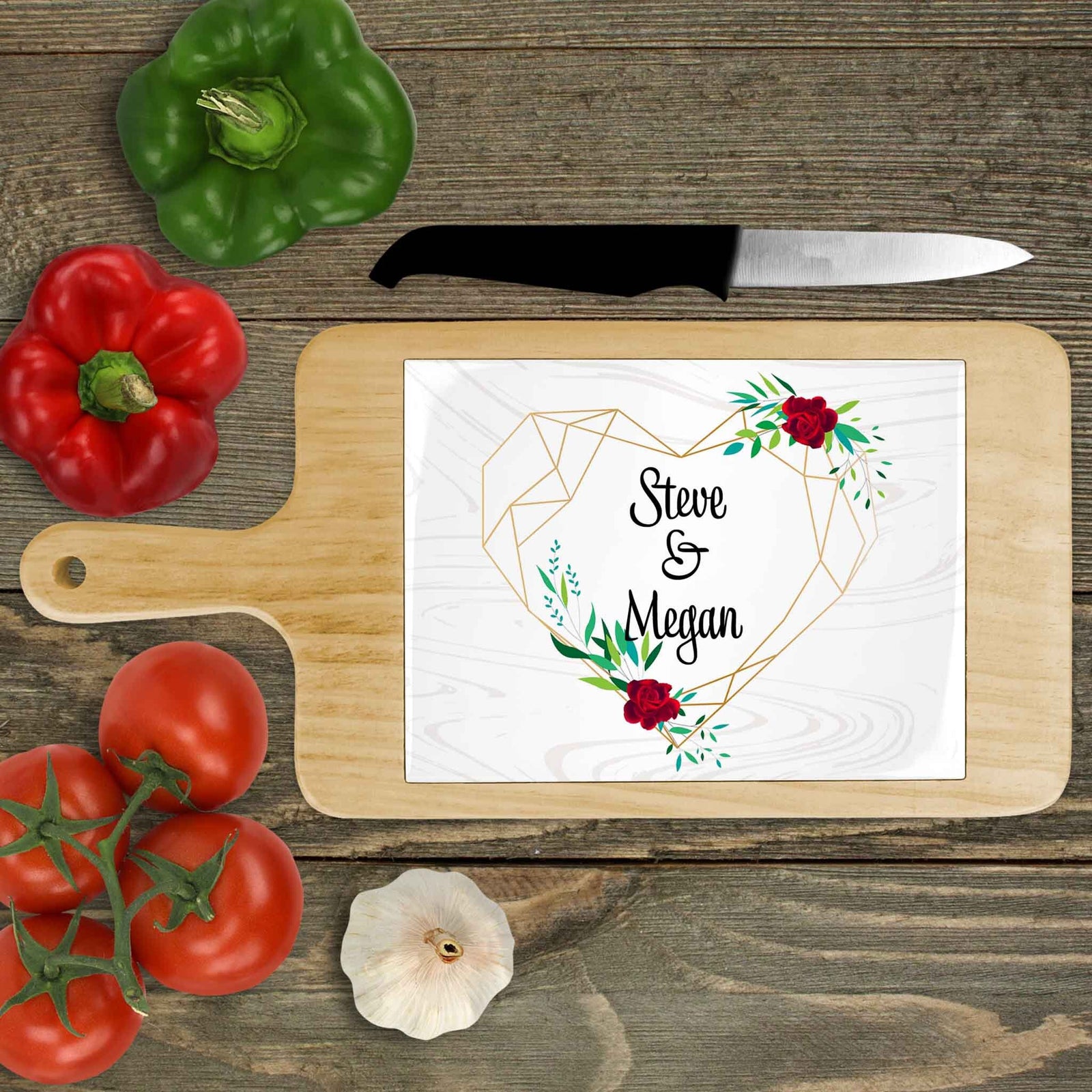 Personalized Wood Cheeseboard | Custom Wine Accessories | Red Floral Heart Monogram