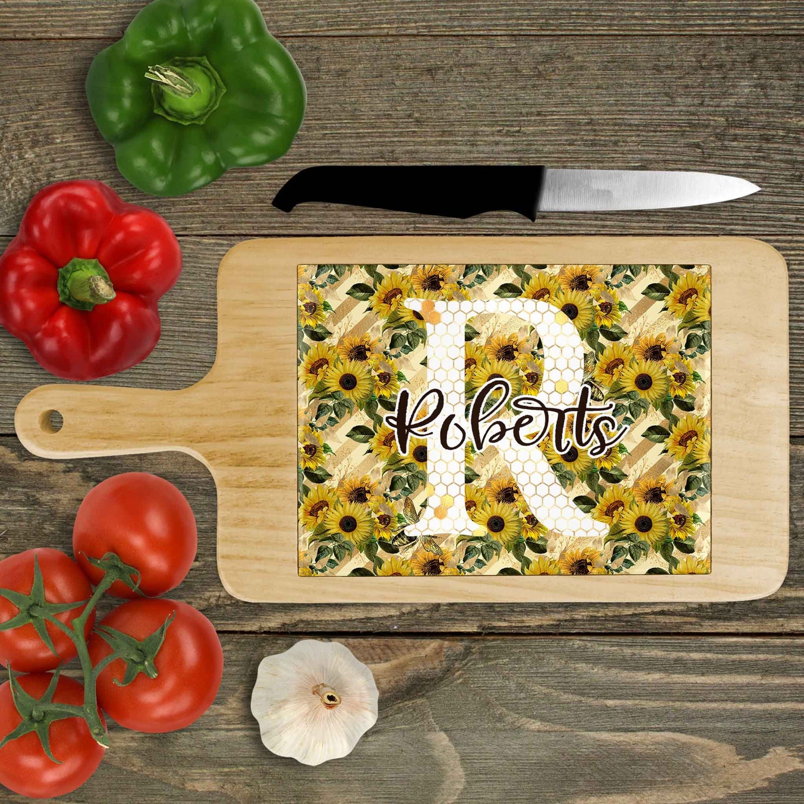 Personalized Wood Cheeseboard | Custom Wine Accessories | Sunflower Bee Dark