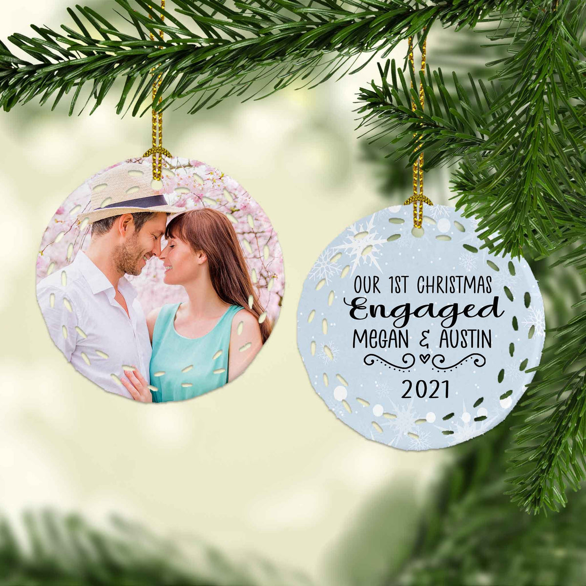 Photo Holiday Ornaments | Personalized Christmas Ornaments | First Christmas Engaged Snow Snowflake