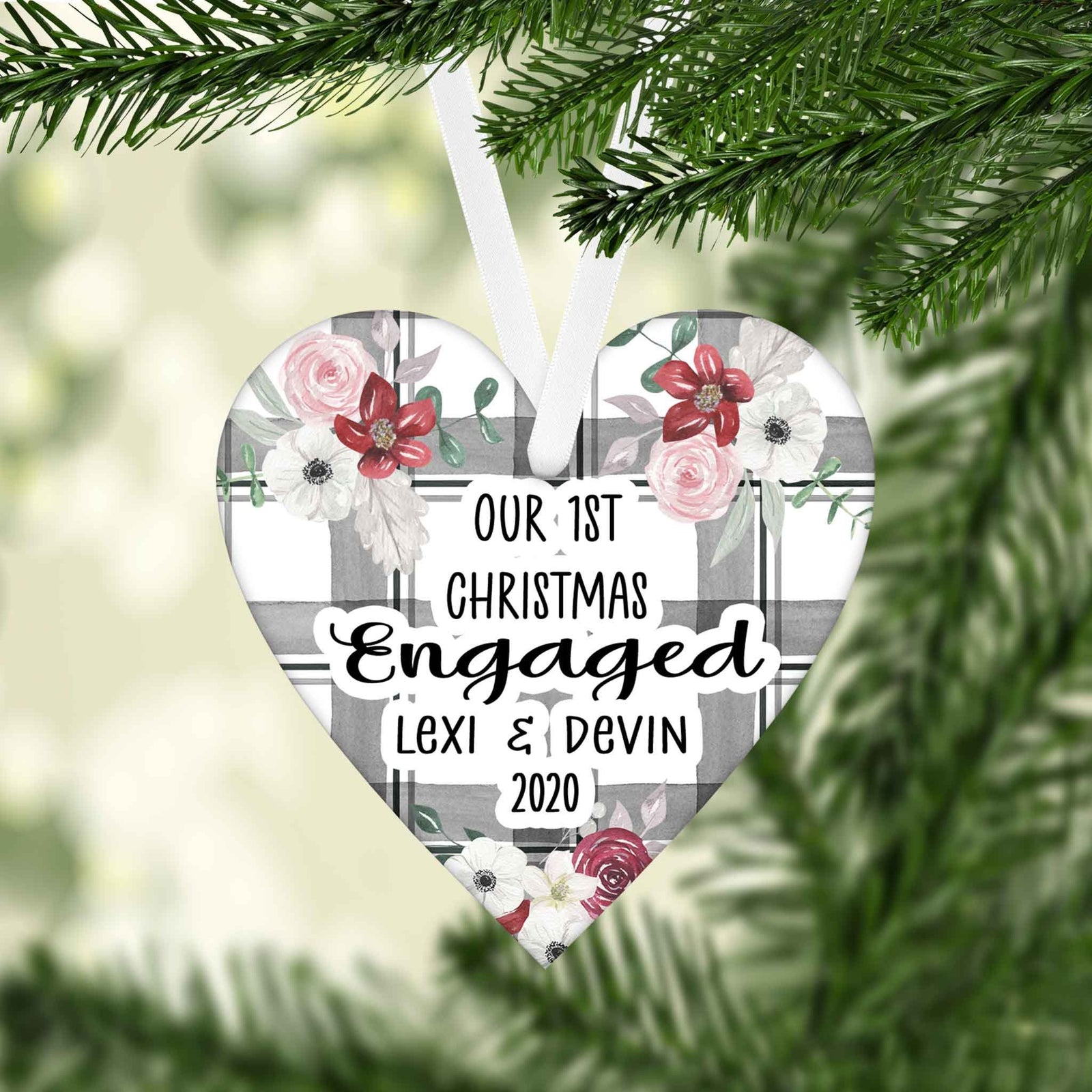 Photo Holiday Ornaments | Personalized Christmas Ornaments | First Christmas Engaged Buffalo Plaid