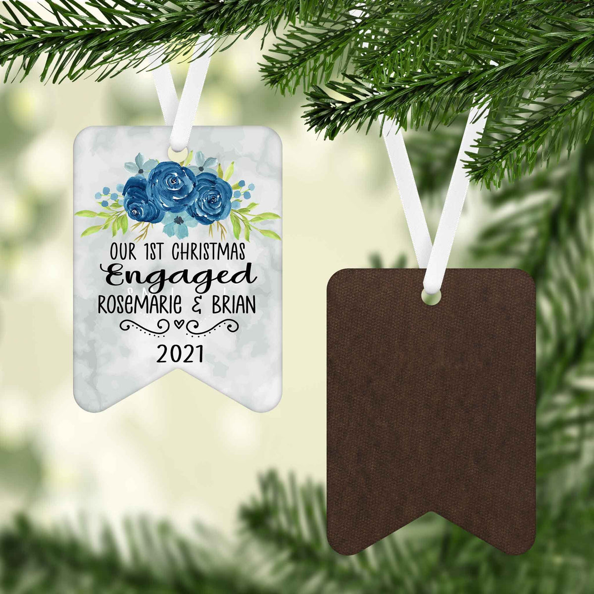 Photo Holiday Ornaments | Personalized Christmas Ornaments | First Christmas Engaged Blue Flowers