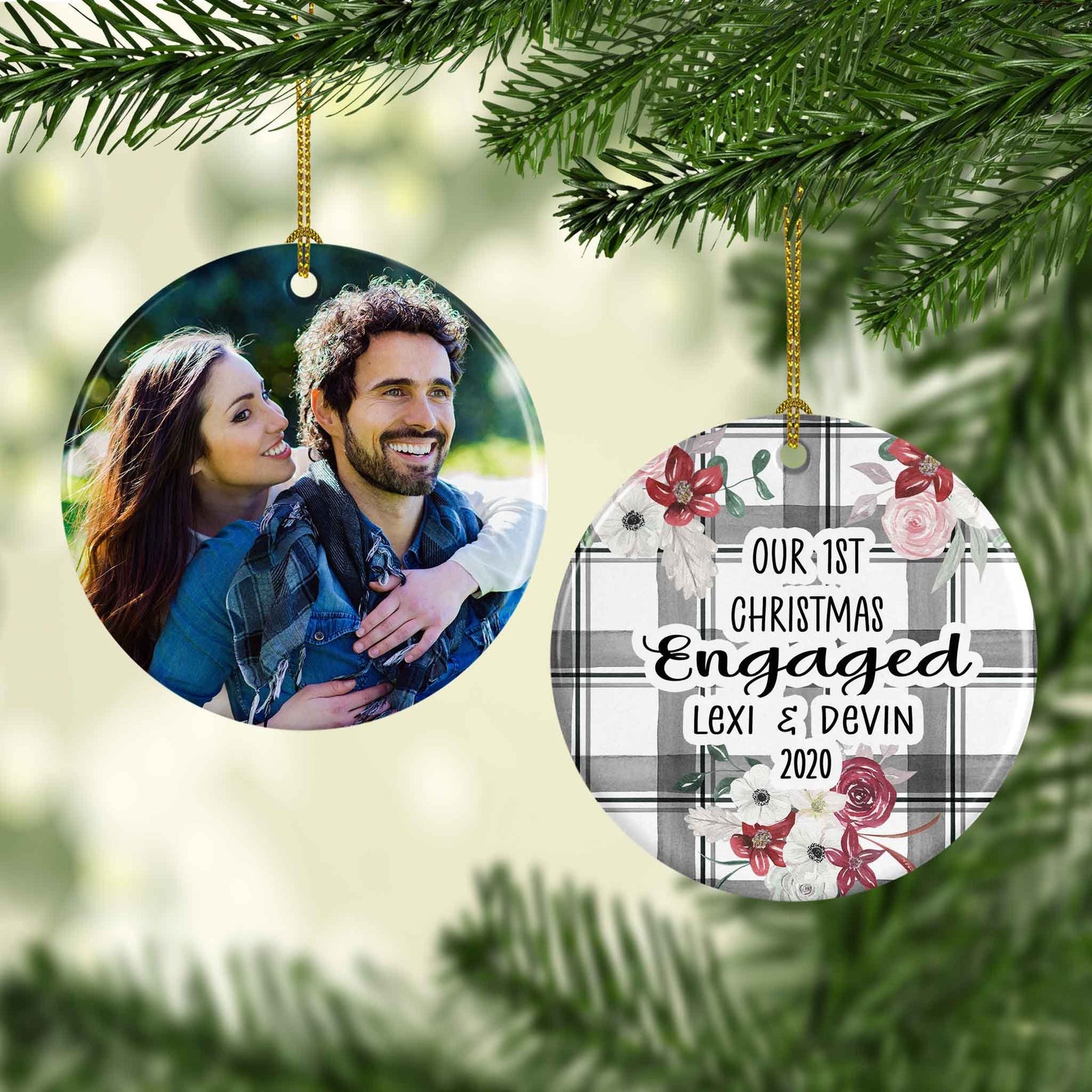 Photo Holiday Ornaments | Personalized Christmas Ornaments | First Christmas Engaged Buffalo Plaid Round