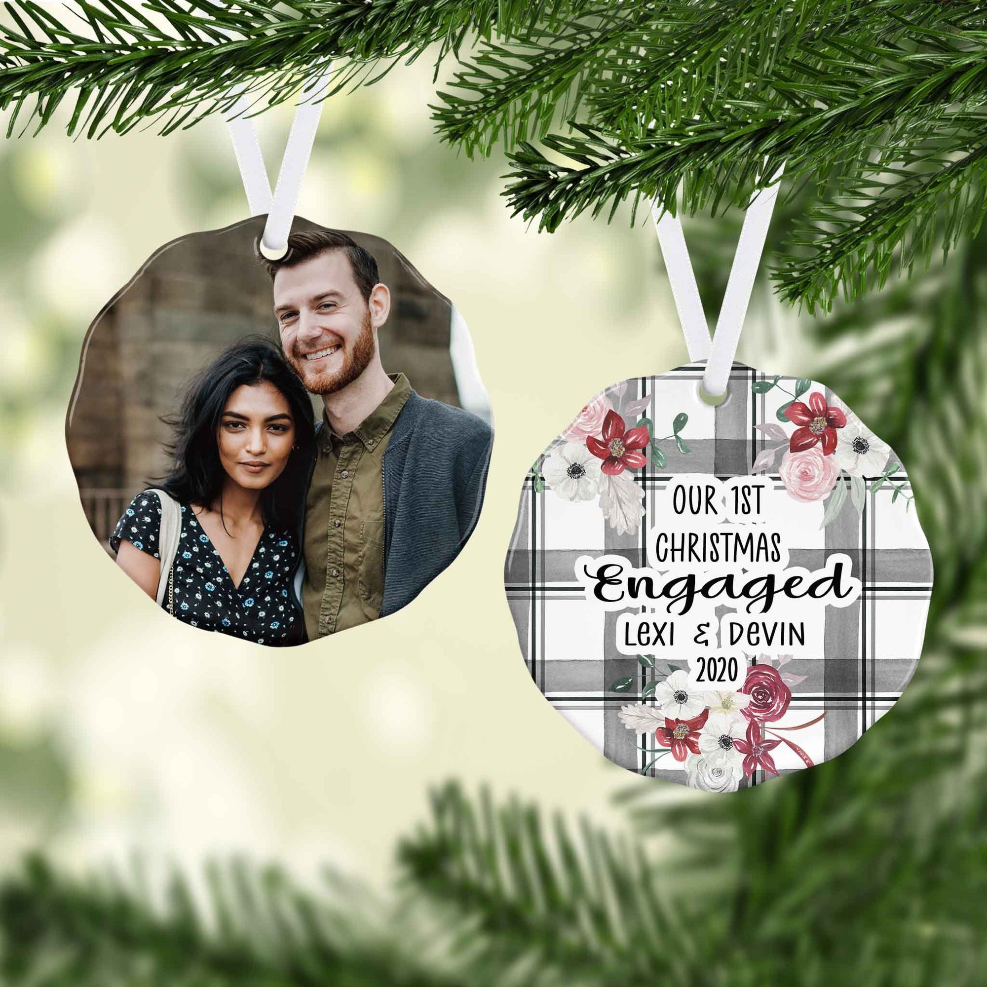 Photo Holiday Ornaments | Personalized Christmas Ornaments | First Christmas Engaged Buffalo Plaid Scallop