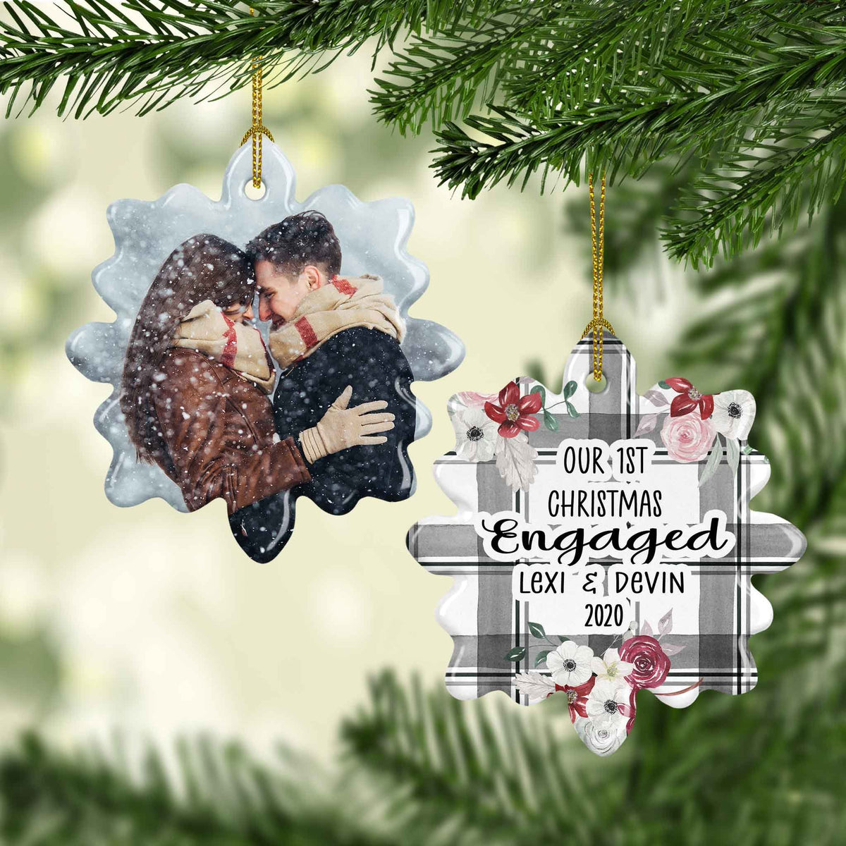 Photo Holiday Ornaments | Personalized Christmas Ornaments | First Christmas Engaged Buffalo Plaid Wreath
