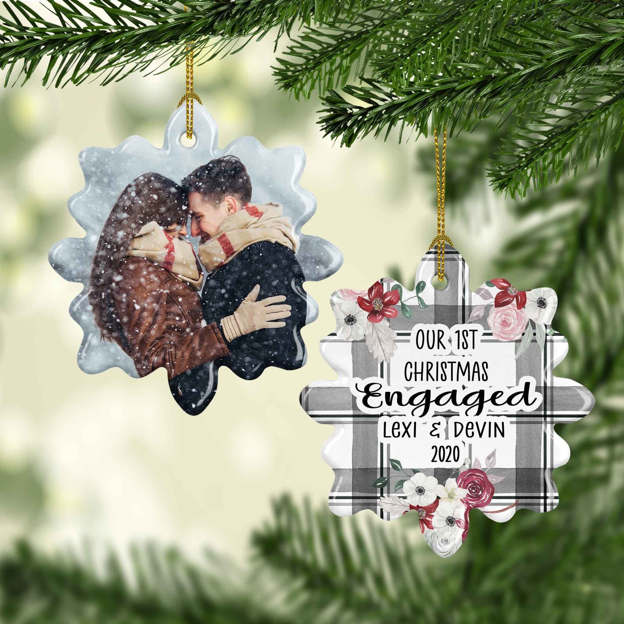 Photo Holiday Ornaments | Personalized Christmas Ornaments | First Christmas Engaged Buffalo Plaid Snowflake