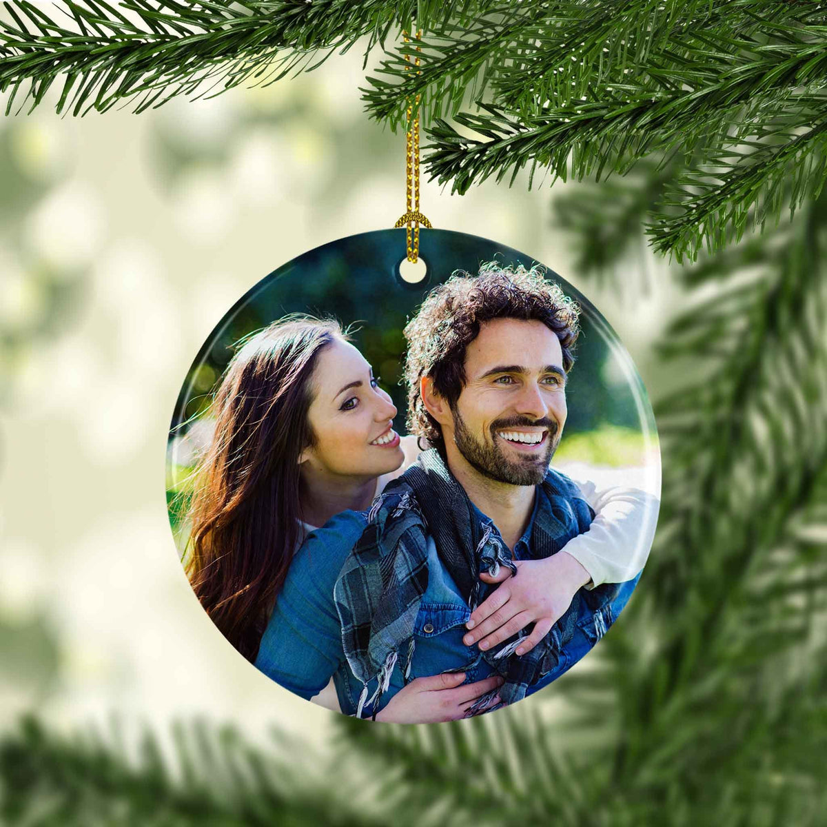 Photo Holiday Ornaments | Personalized Christmas Ornaments | First Christmas Engaged Buffalo Plaid Round