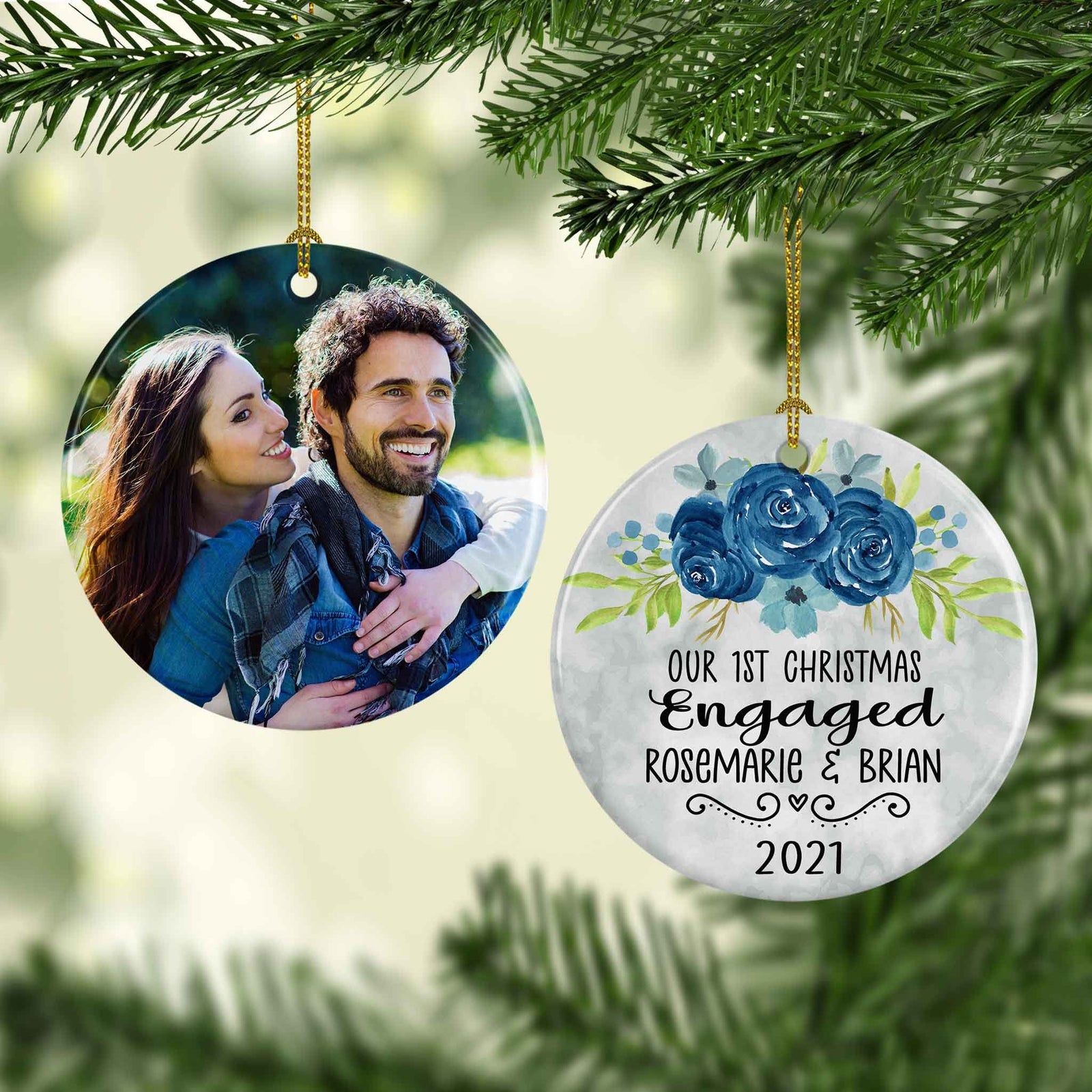 Photo Holiday Ornaments | Personalized Christmas Ornaments | First Christmas Engaged Blue Flowers Round