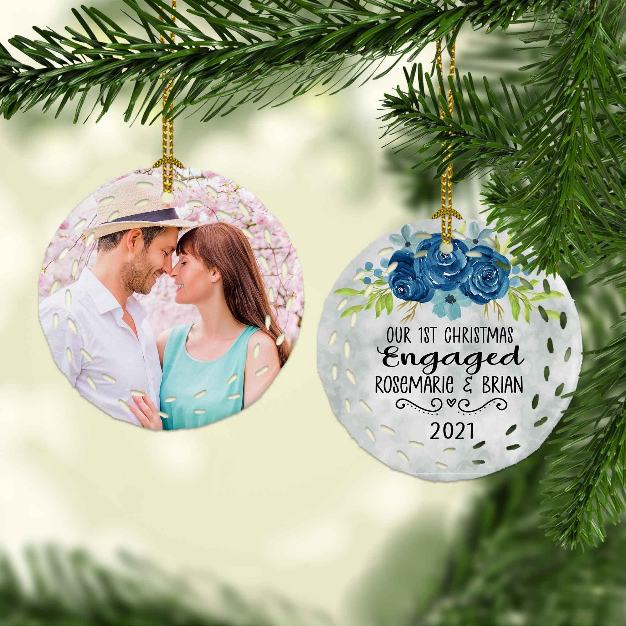 Photo Holiday Ornaments | Personalized Christmas Ornaments | First Christmas Engaged Blue Flowers Wreath