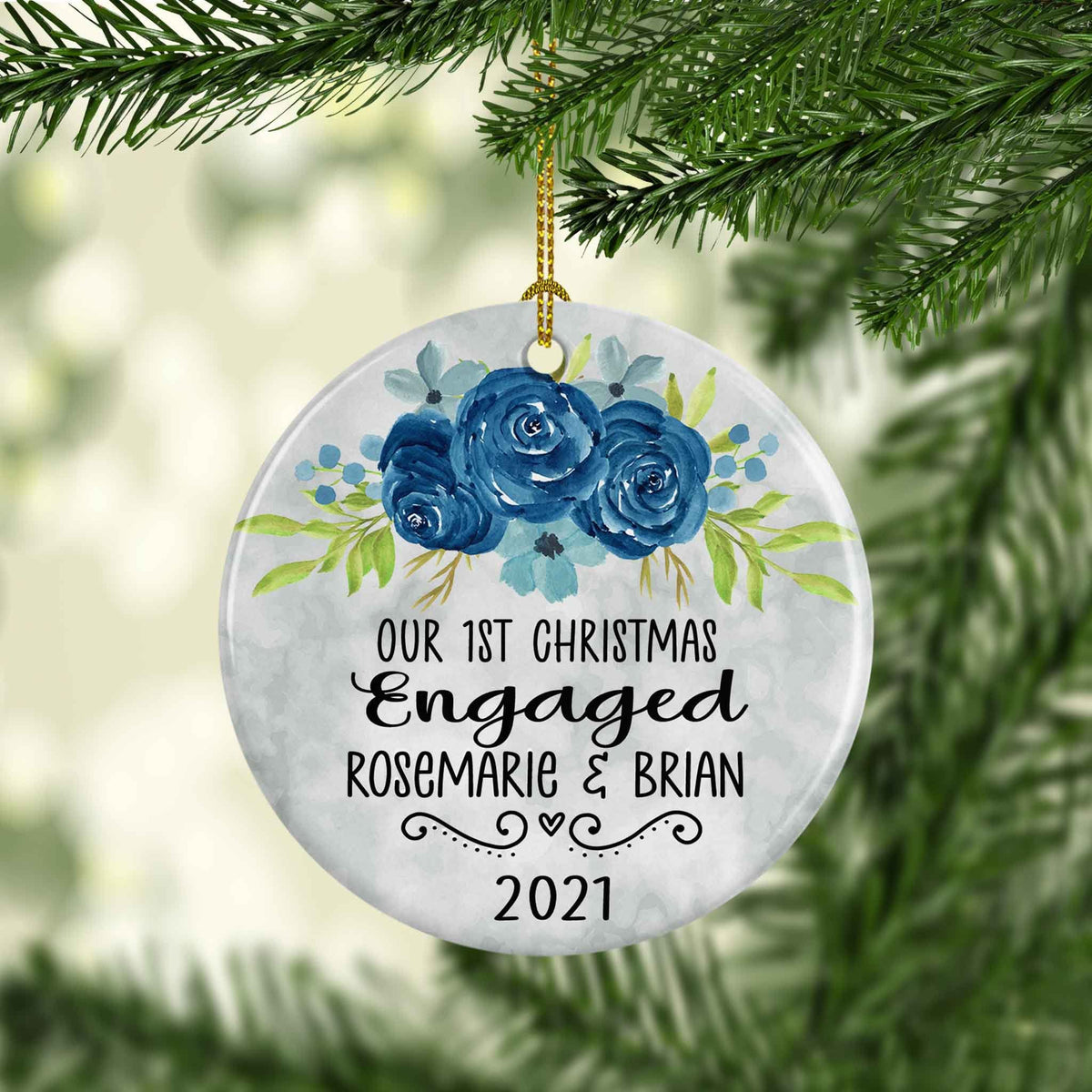 Photo Holiday Ornaments | Personalized Christmas Ornaments | First Christmas Engaged Blue Flowers Round