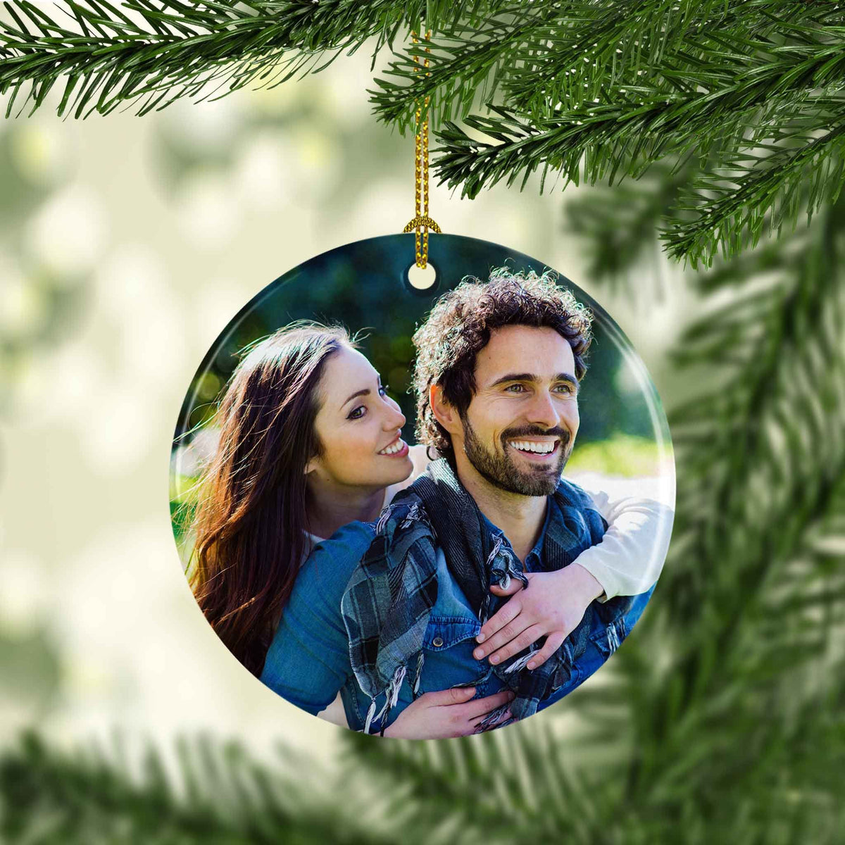 Photo Holiday Ornaments | Personalized Christmas Ornaments | First Christmas Engaged Blue Flowers Round