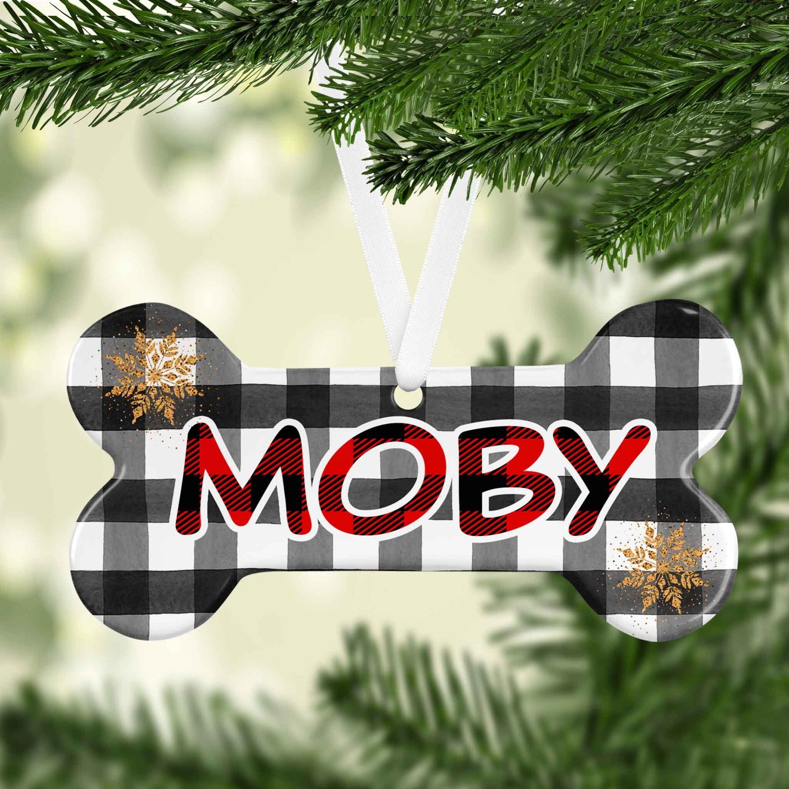 Photo Holiday Ornaments | Personalized Christmas Ornaments | Buffalo Plaid Pet Bone