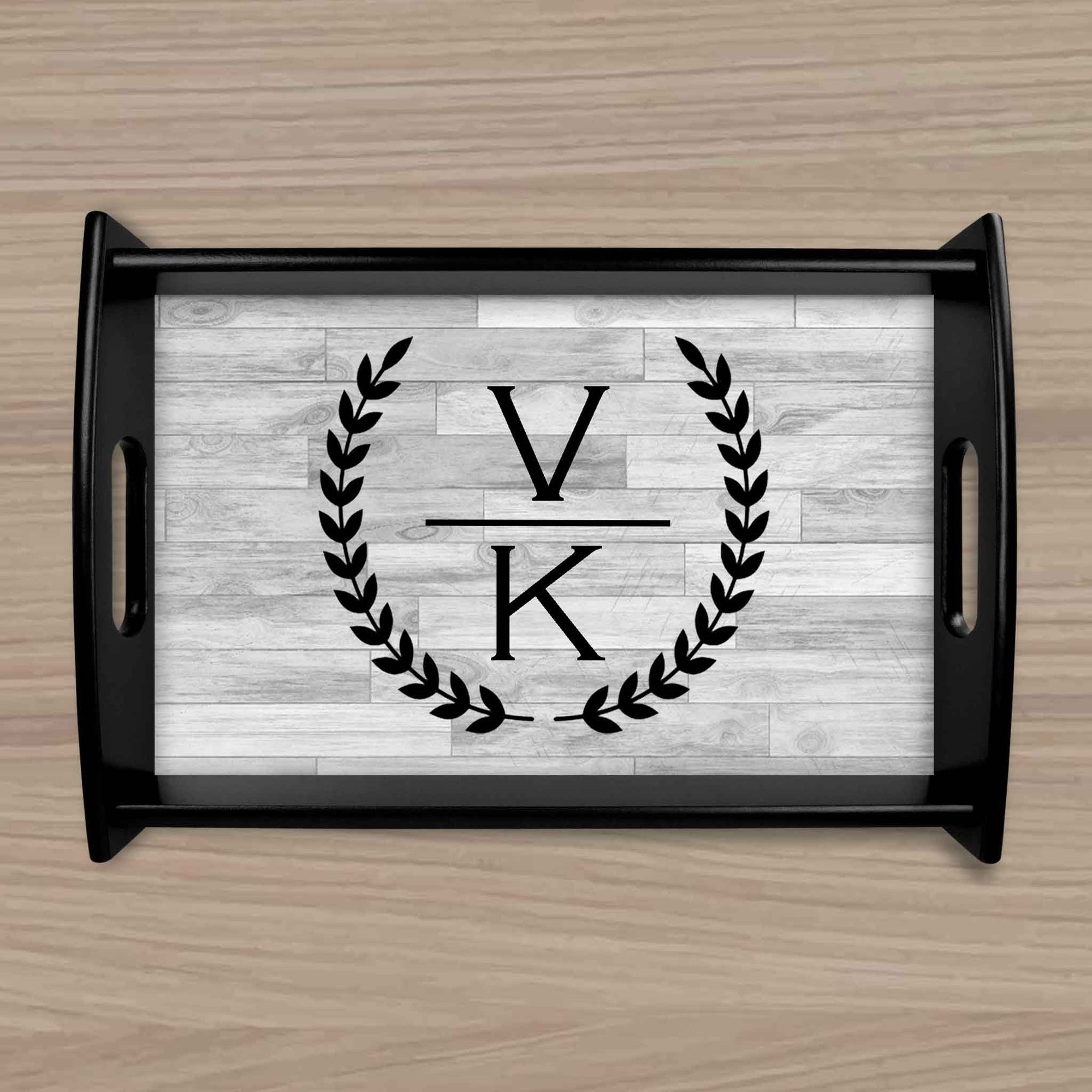 Custom Wood Serving Tray | Persoanlized Kitchen Accessories | Laurel Wreath Stacked Initials