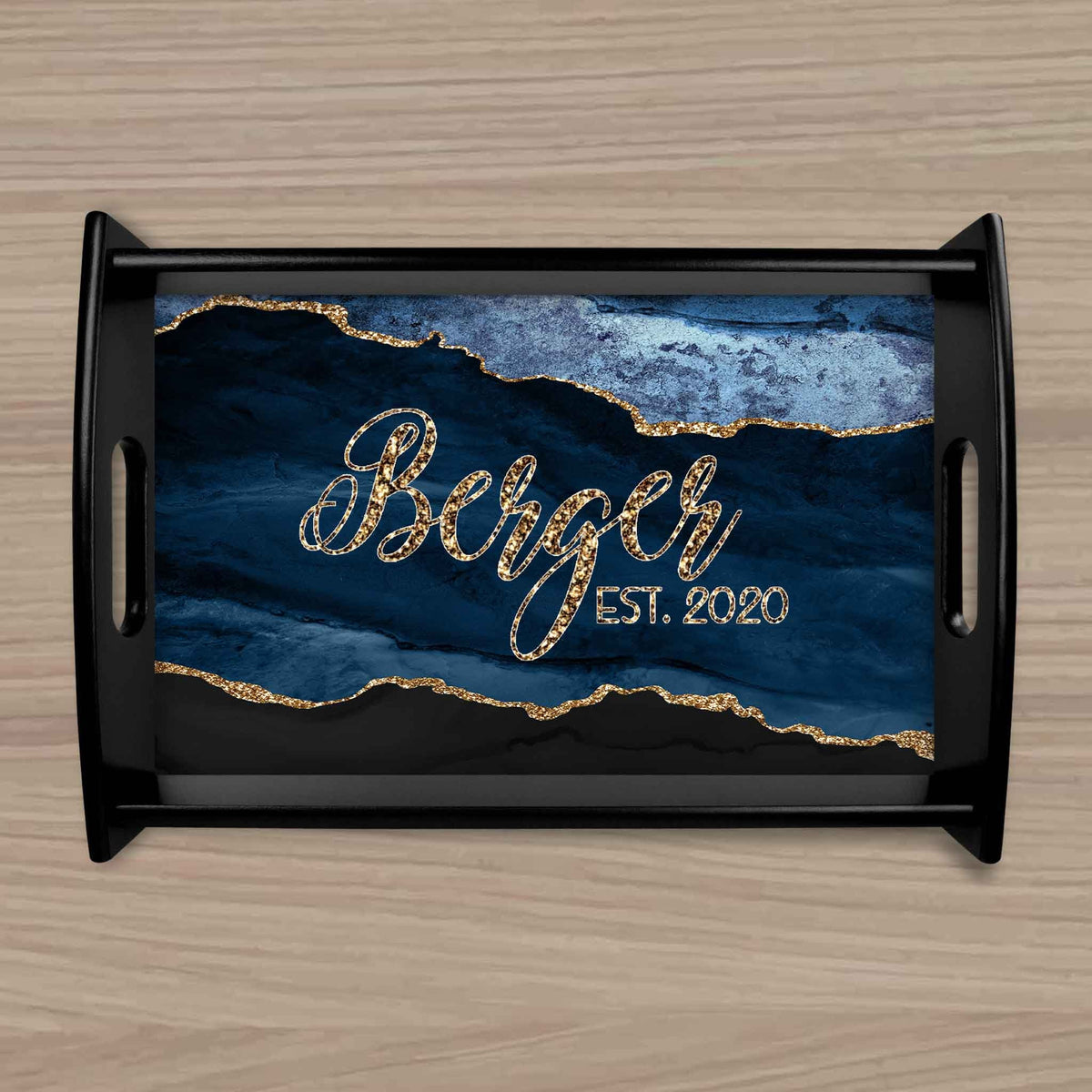 Custom Wood Serving Tray | Persoanlized Kitchen Accessories | Navy and Gold Agate