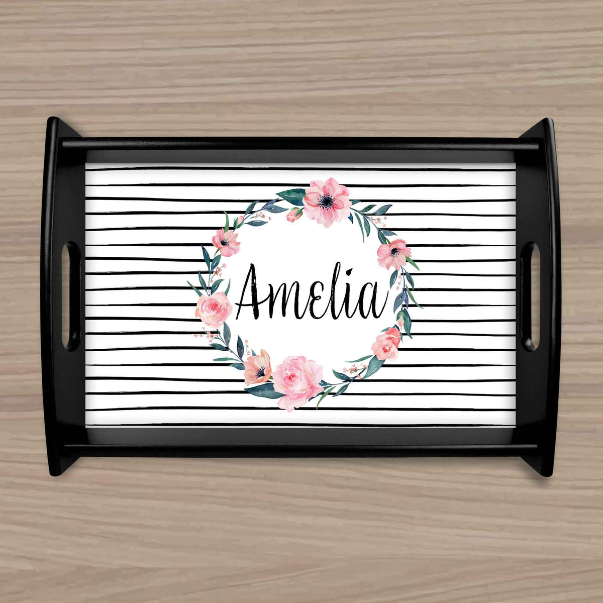 Custom Wood Serving Tray | Persoanlized Kitchen Accessories | Black and White Strip Floral