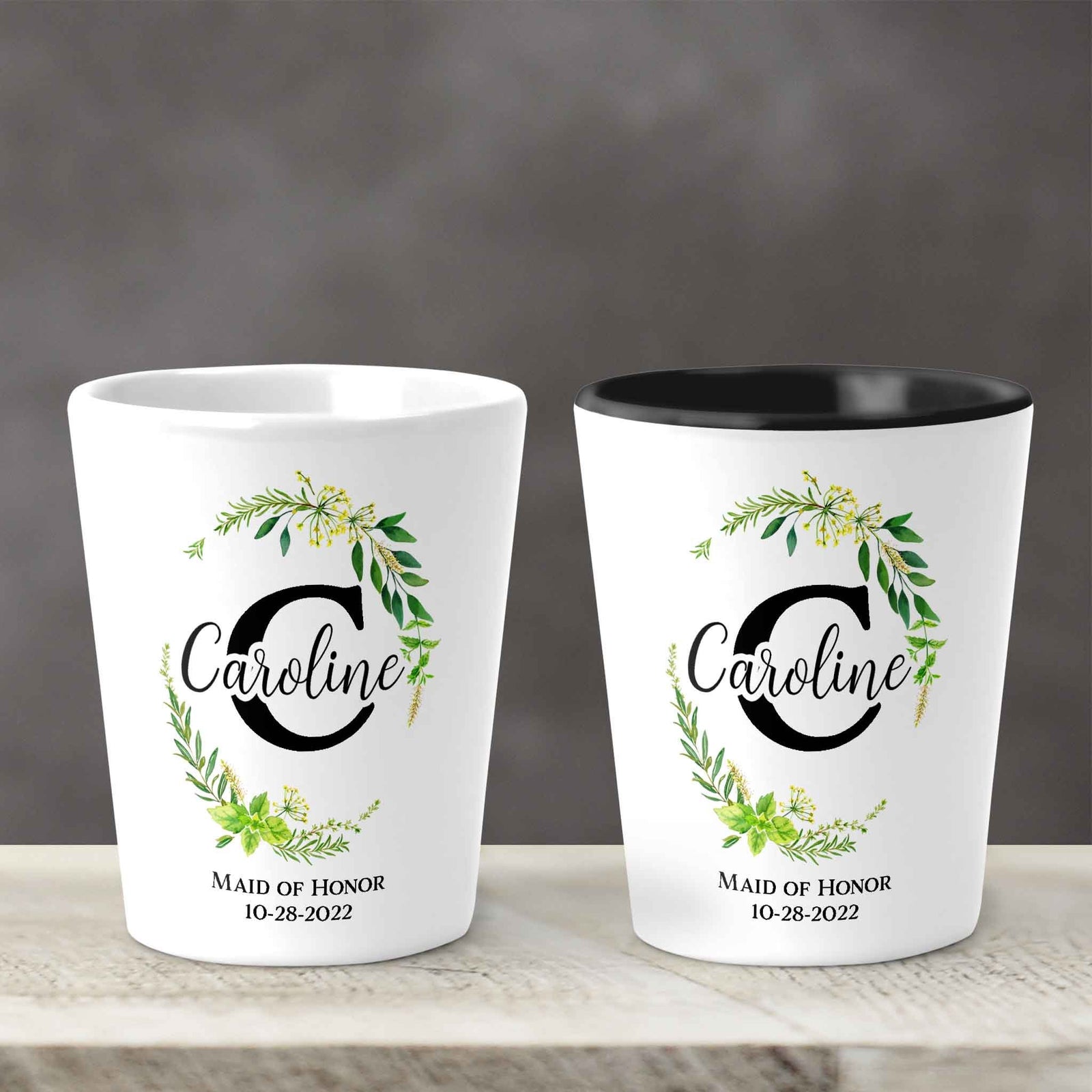 Custom Shot Glass | Personalized Shot Glass | Green Leaf Monogram Frame