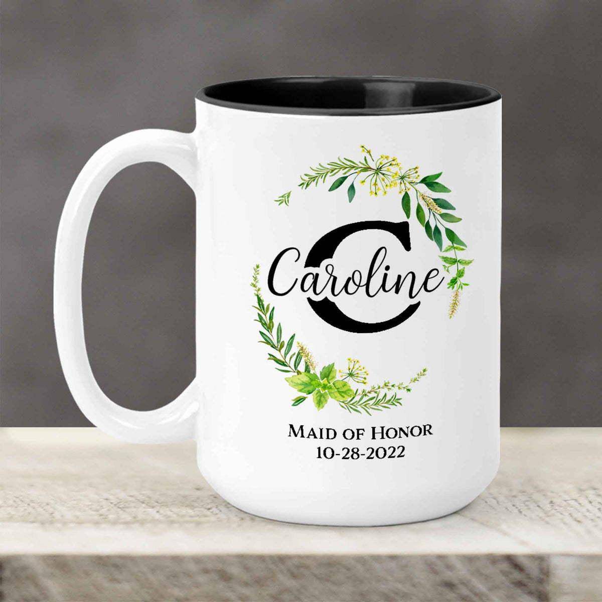 Custom Coffee Mug | Personalized Coffee Mug | Green Leaf Monogram Frame