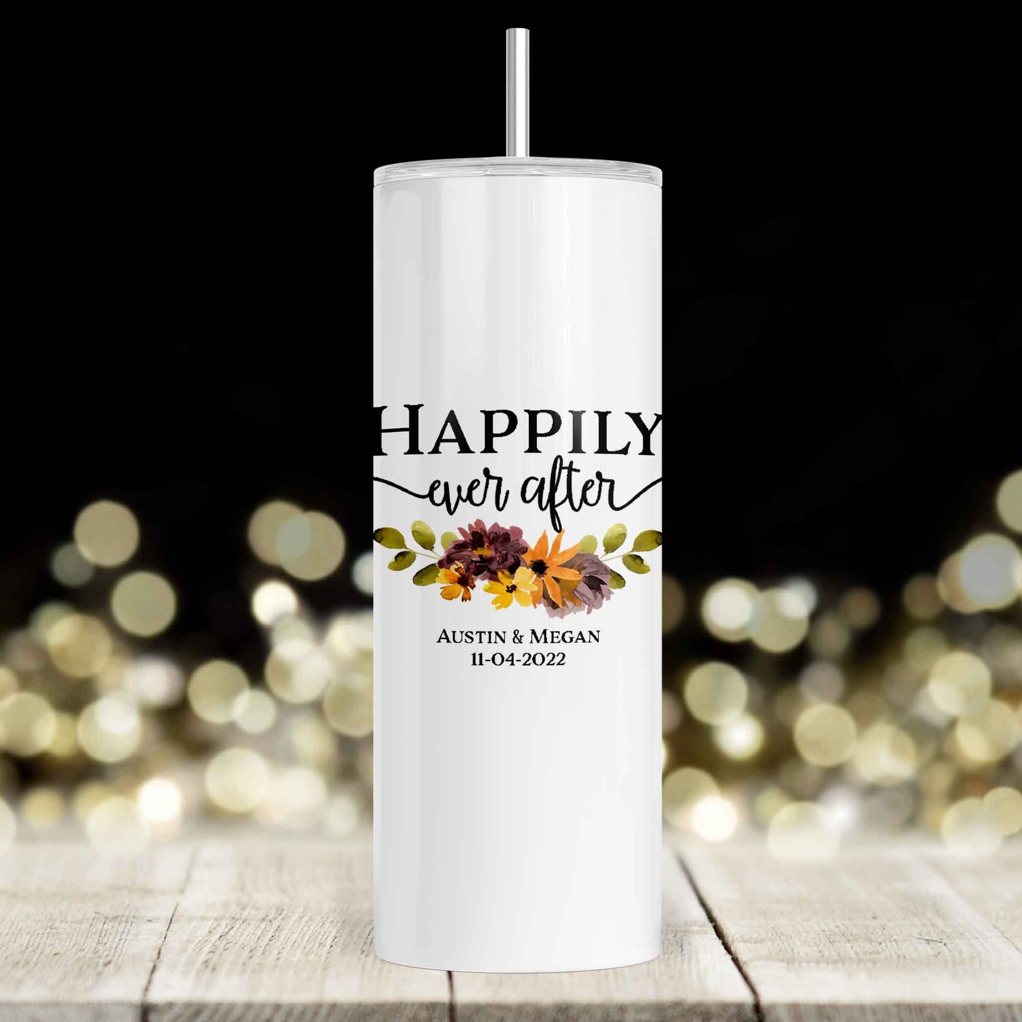 Personalized Skinny Tumbler | Custom Tumbler with Metal Straw | Happily Ever After Fall Floral