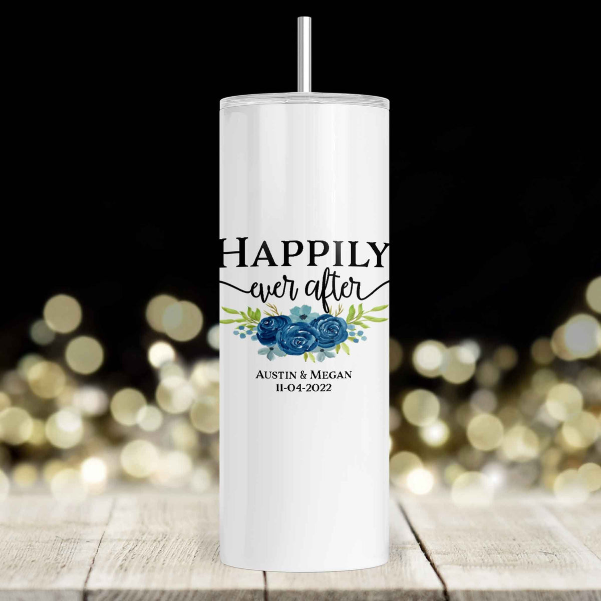 Personalized Skinny Tumbler | Custom Tumbler with Metal Straw | Happily Ever After Navy Bouquet