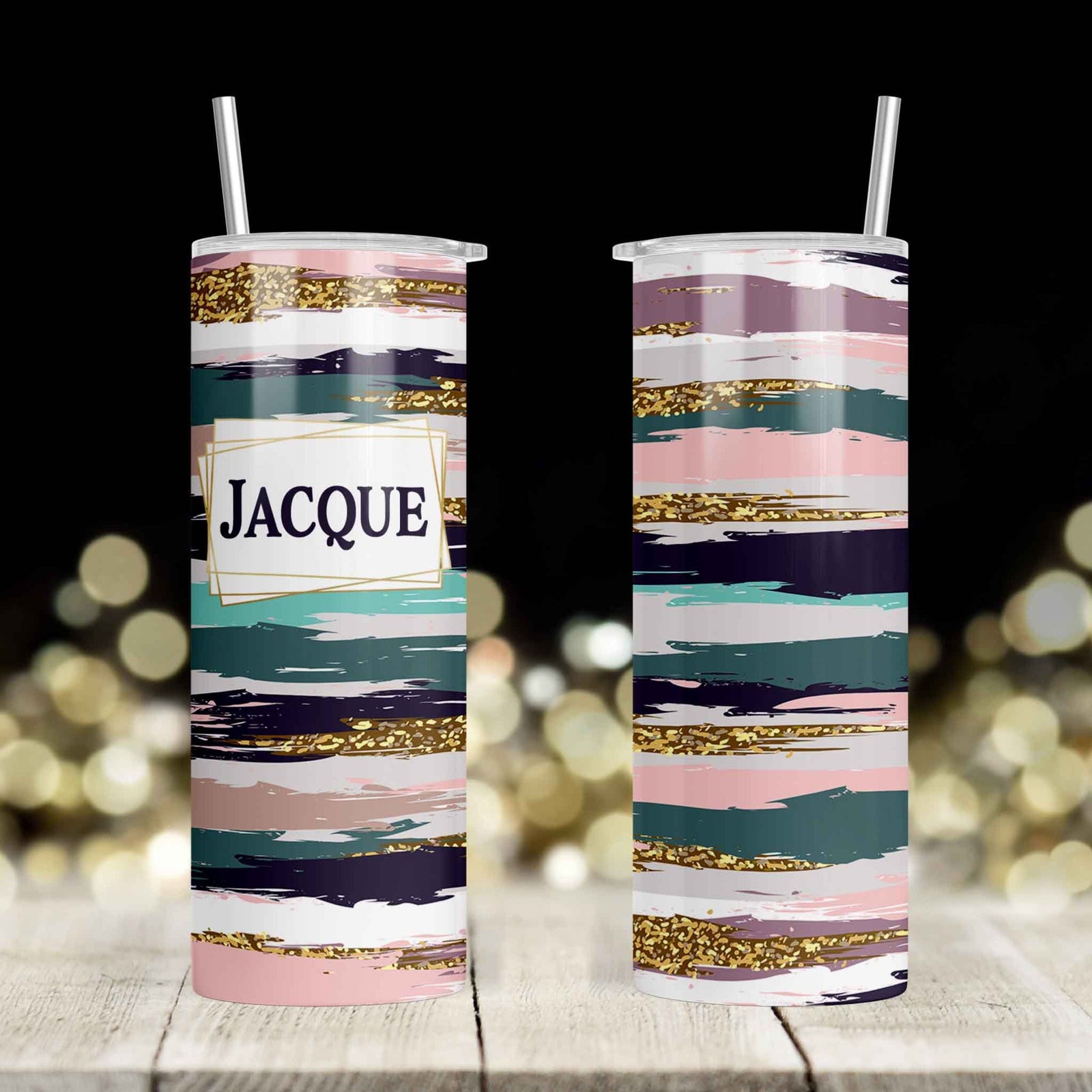 Personalized Skinny Tumbler | Custom Tumbler with Metal Straw | Blue & Pink Brushstroke