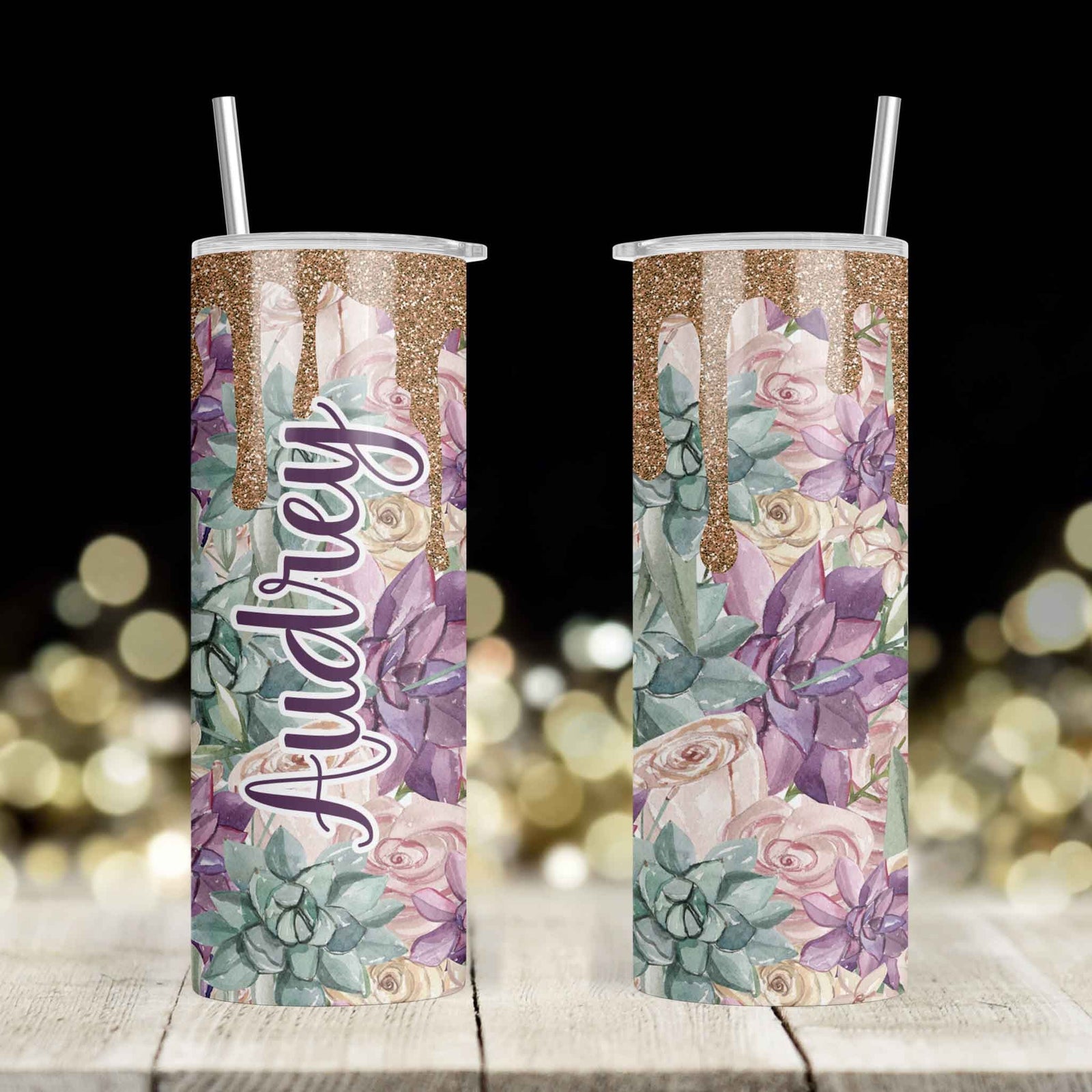 Personalized Skinny Tumbler | Custom Tumbler with Metal Straw | Succelent Glitter