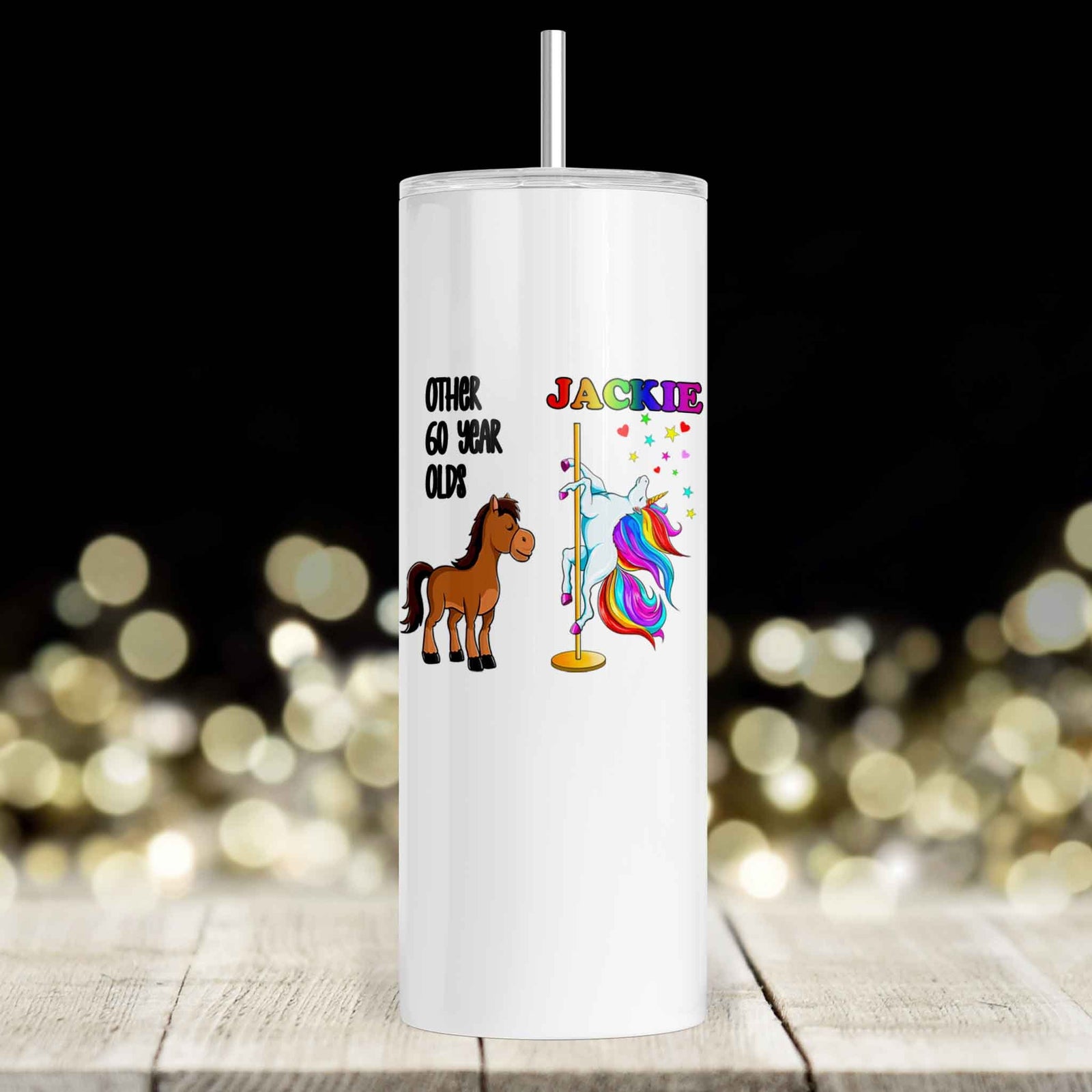 Personalized Skinny Tumbler | Custom Tumbler with Metal Straw | Birthday Unicorn Dancer