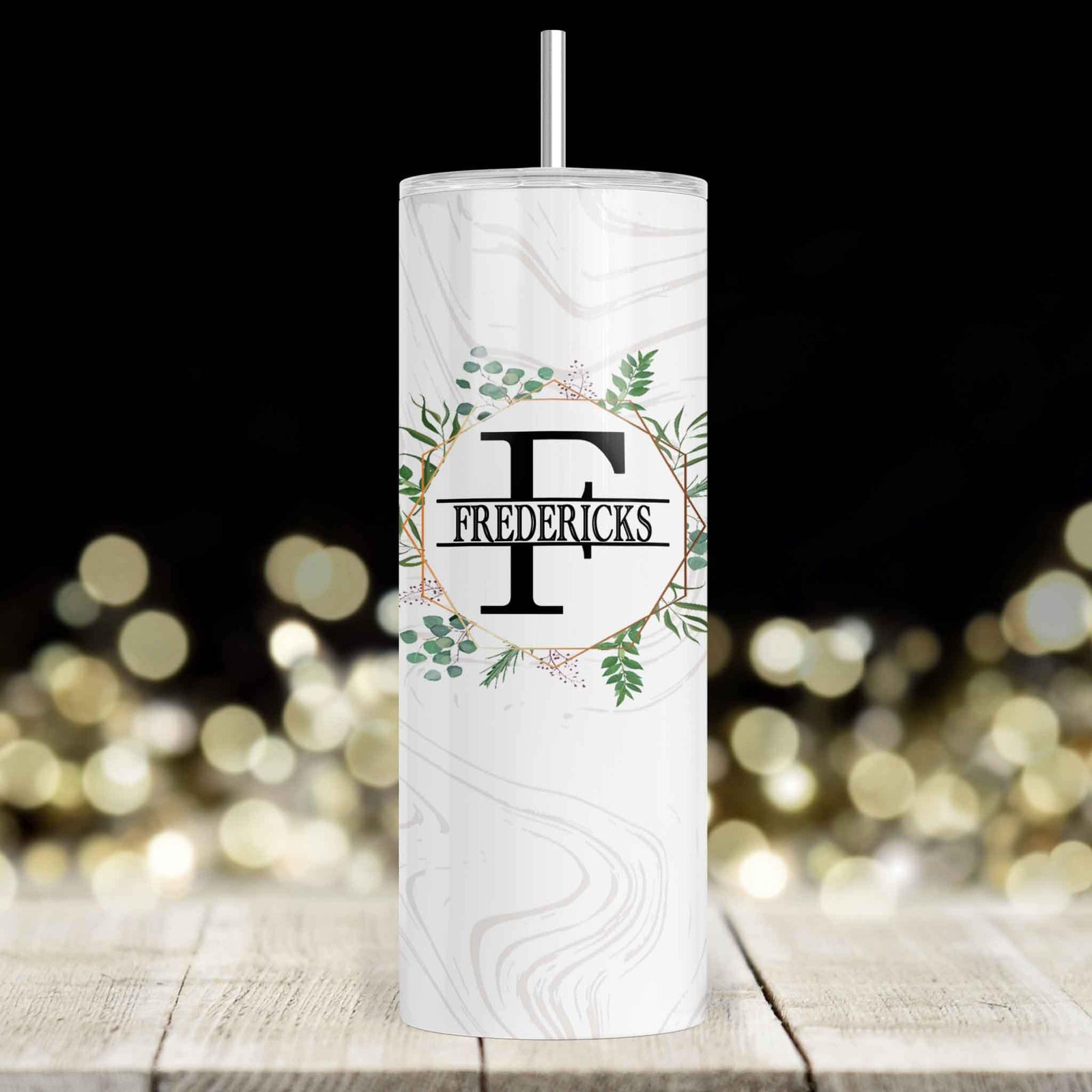 Personalized Skinny Tumbler | Custom Tumbler with Metal Straw | Spring Wreath