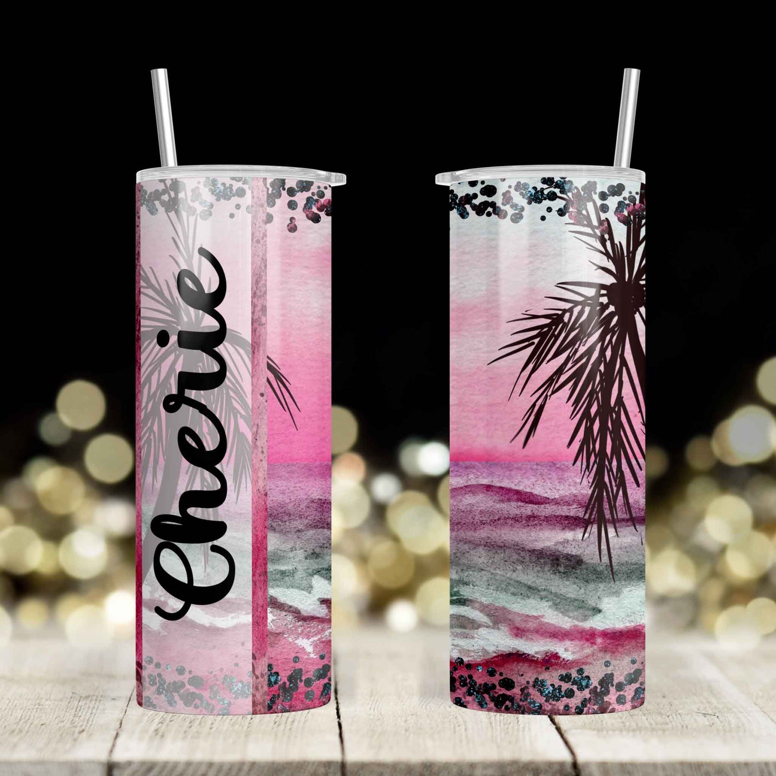 Personalized Skinny Tumbler | Custom Tumbler with Metal Straw | Pink Beach