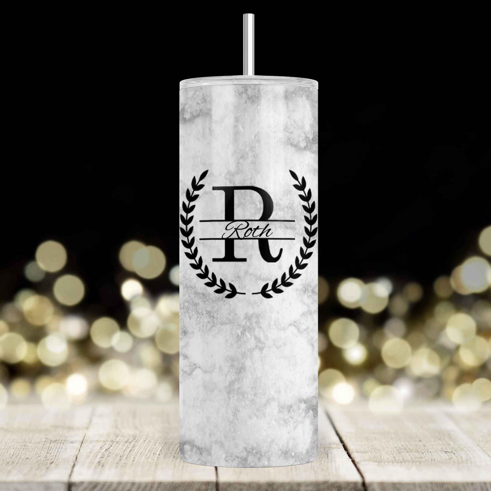 Personalized Skinny Tumbler | Custom Tumbler with Metal Straw | Laurel Wreath Marble
