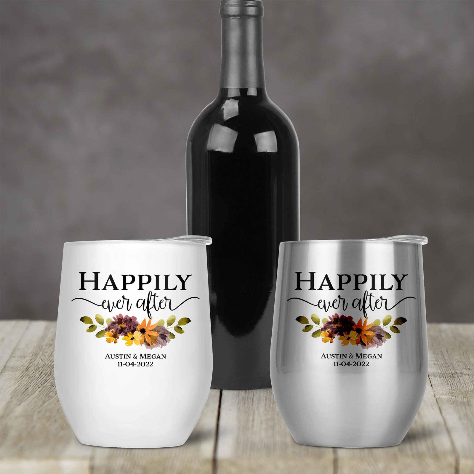 Personalized Stemless Wine Tumbler | Custom Wine Gifts | Wine Glass | Happily Ever After Fall Floral