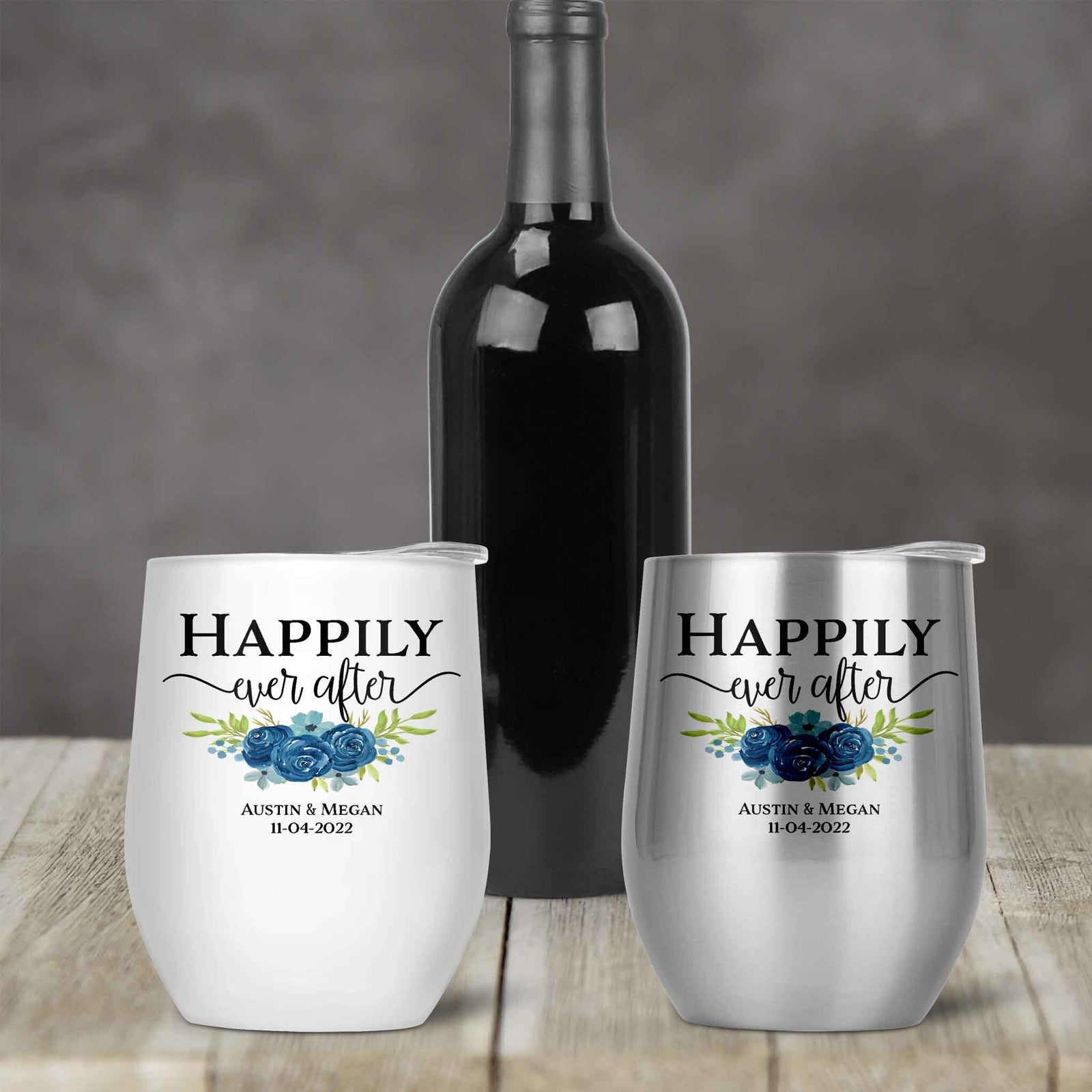 Personalized Stemless Wine Tumbler | Custom Wine Gifts | Wine Glass | Happily Ever After Navy Bouquet