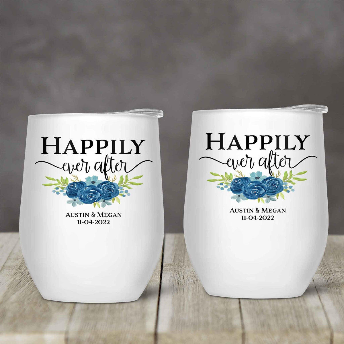 Personalized Stemless Wine Tumbler | Custom Wine Gifts | Wine Glass | Happily Ever After Navy Bouquet