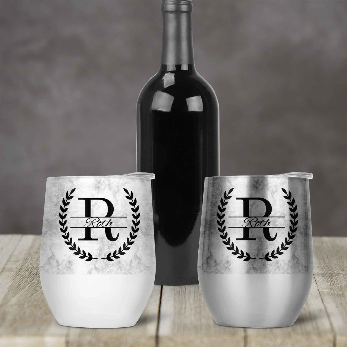 Personalized Stemless Wine Tumbler | Custom Wine Gifts | Wine Glass | Laurel Wreath Marble