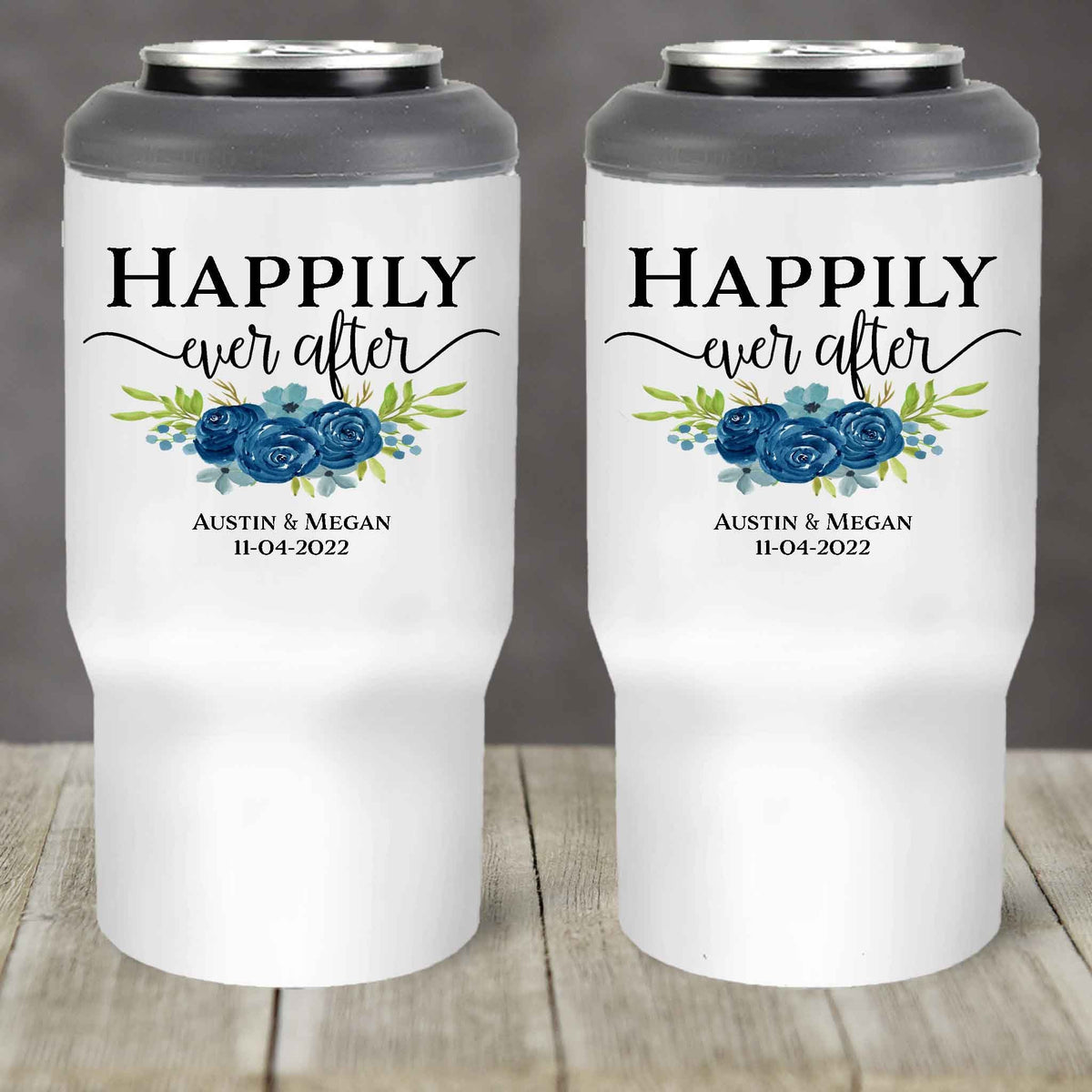 Custom Skinny Beverage Insulator | Personalized Tumbler | Happily Ever After Navy Bouquet