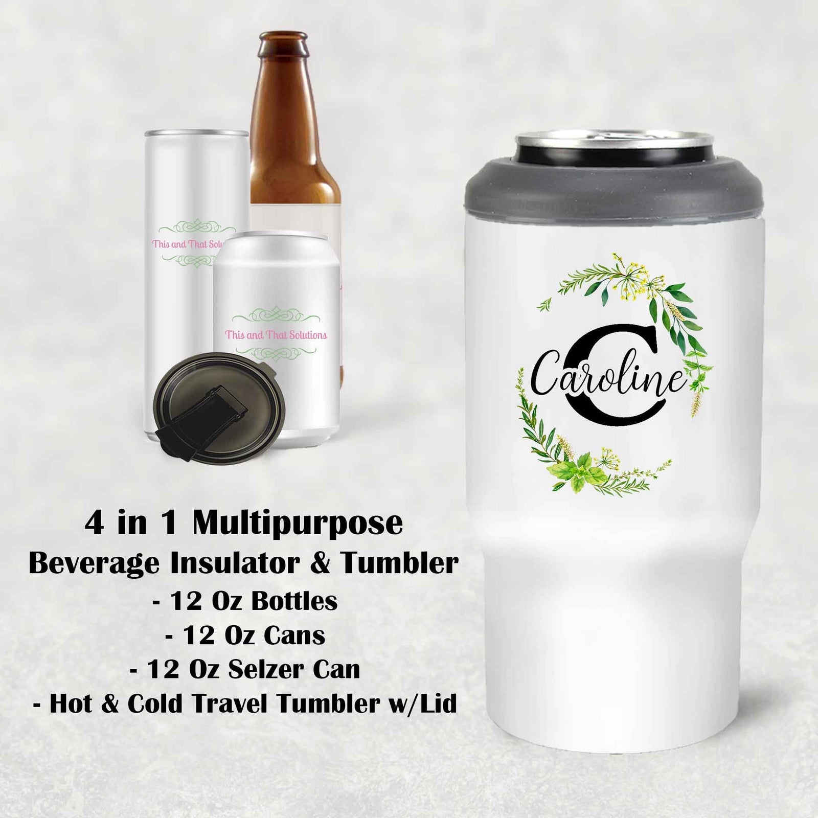 Custom Skinny Beverage Insulator | Personalized Tumbler | Green Leaf Monogram Frame