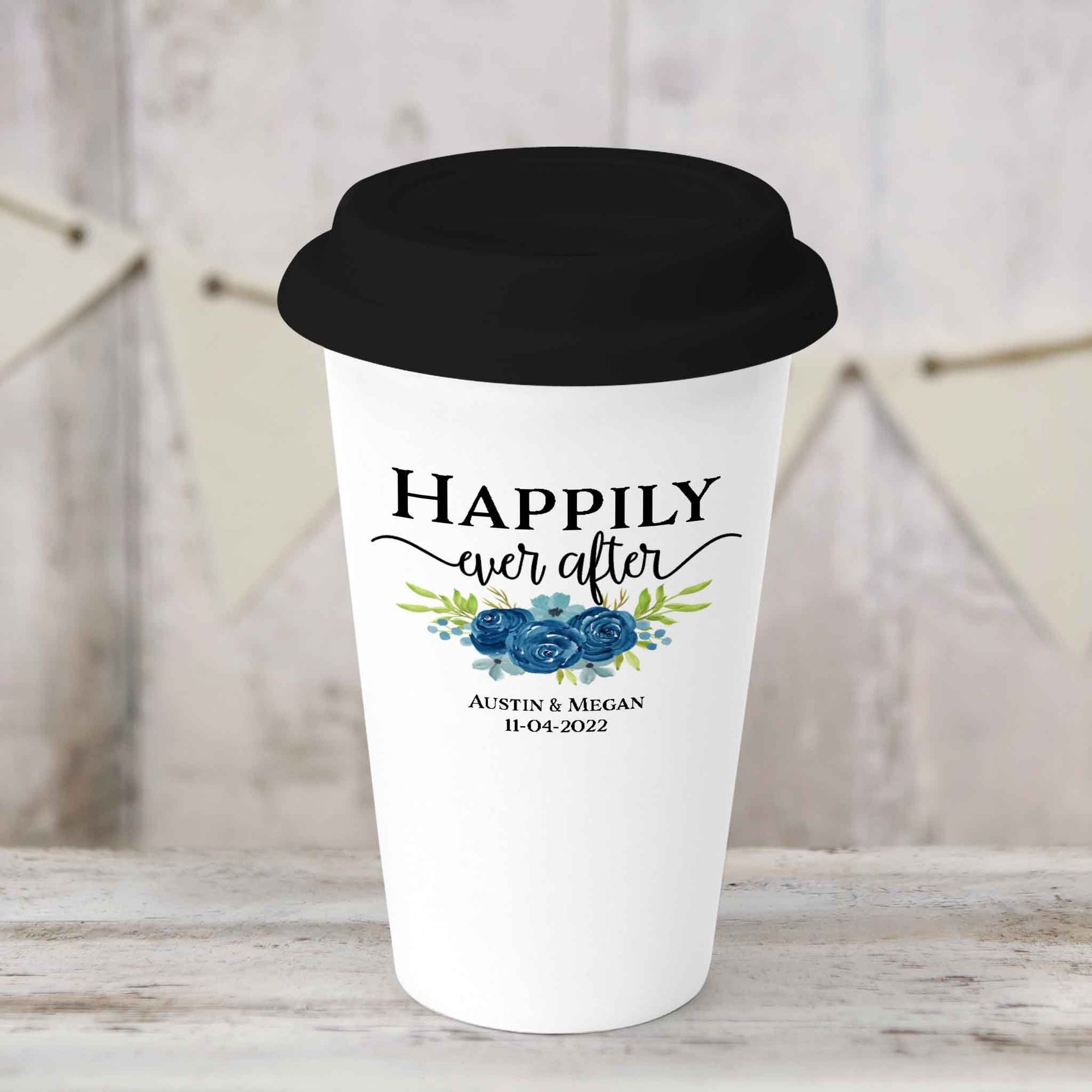 Custom Coffee Tumbler | Personalized Coffee Travel Mug | Happily Ever After Navy Bouquet