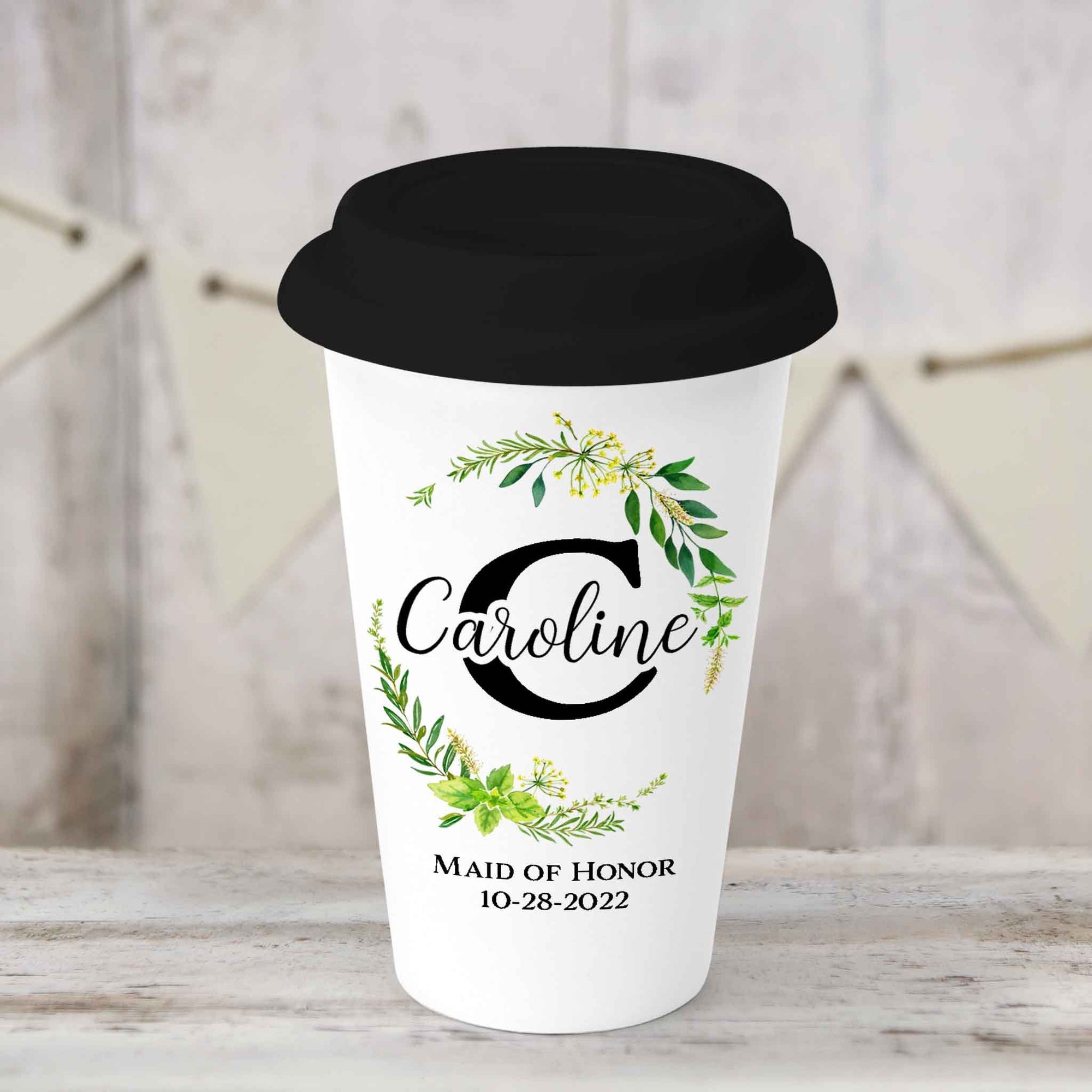 Custom Coffee Tumbler | Personalized Coffee Travel Mug | Green Leaf Monogram