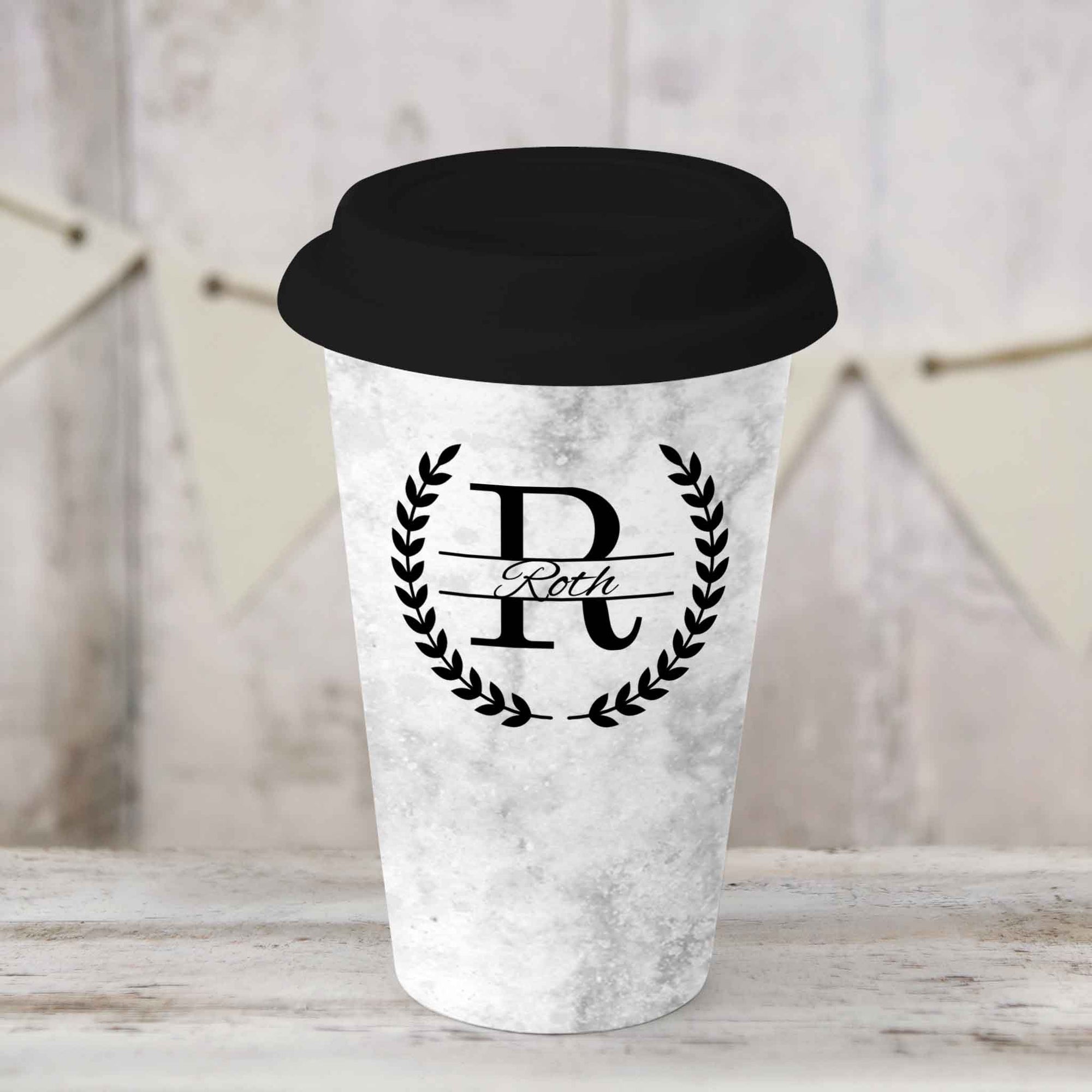 Custom Coffee Tumbler | Personalized Coffee Travel Mug | Laurel Wreath Marble