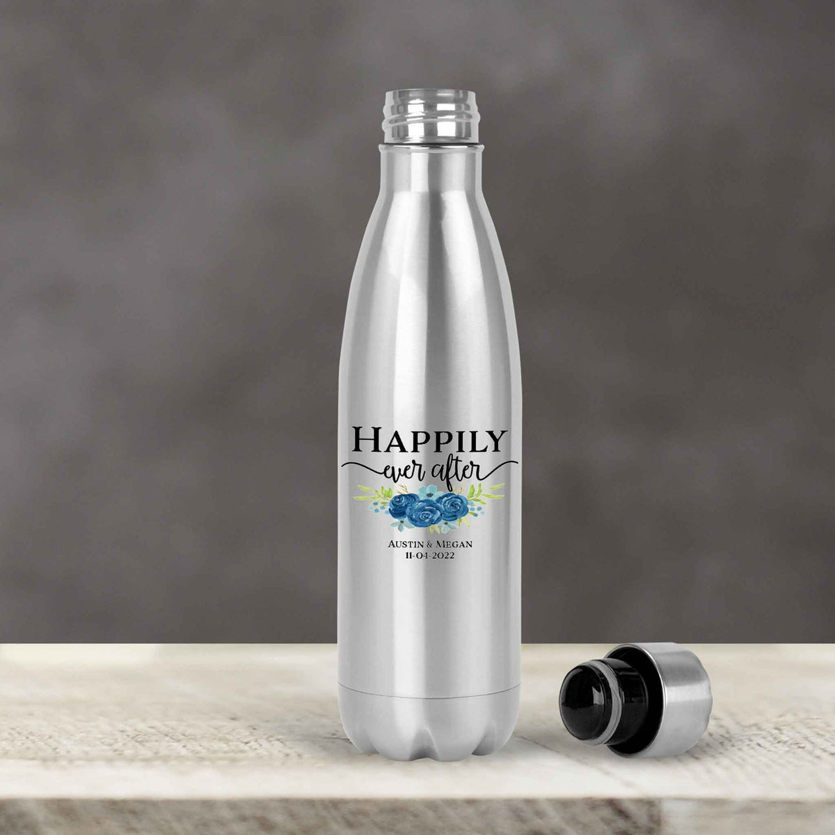 Personalized Water Bottles | Custom Stainless Steel Water Bottles | 17 oz Soda | Happily Ever After Navy Bouqet